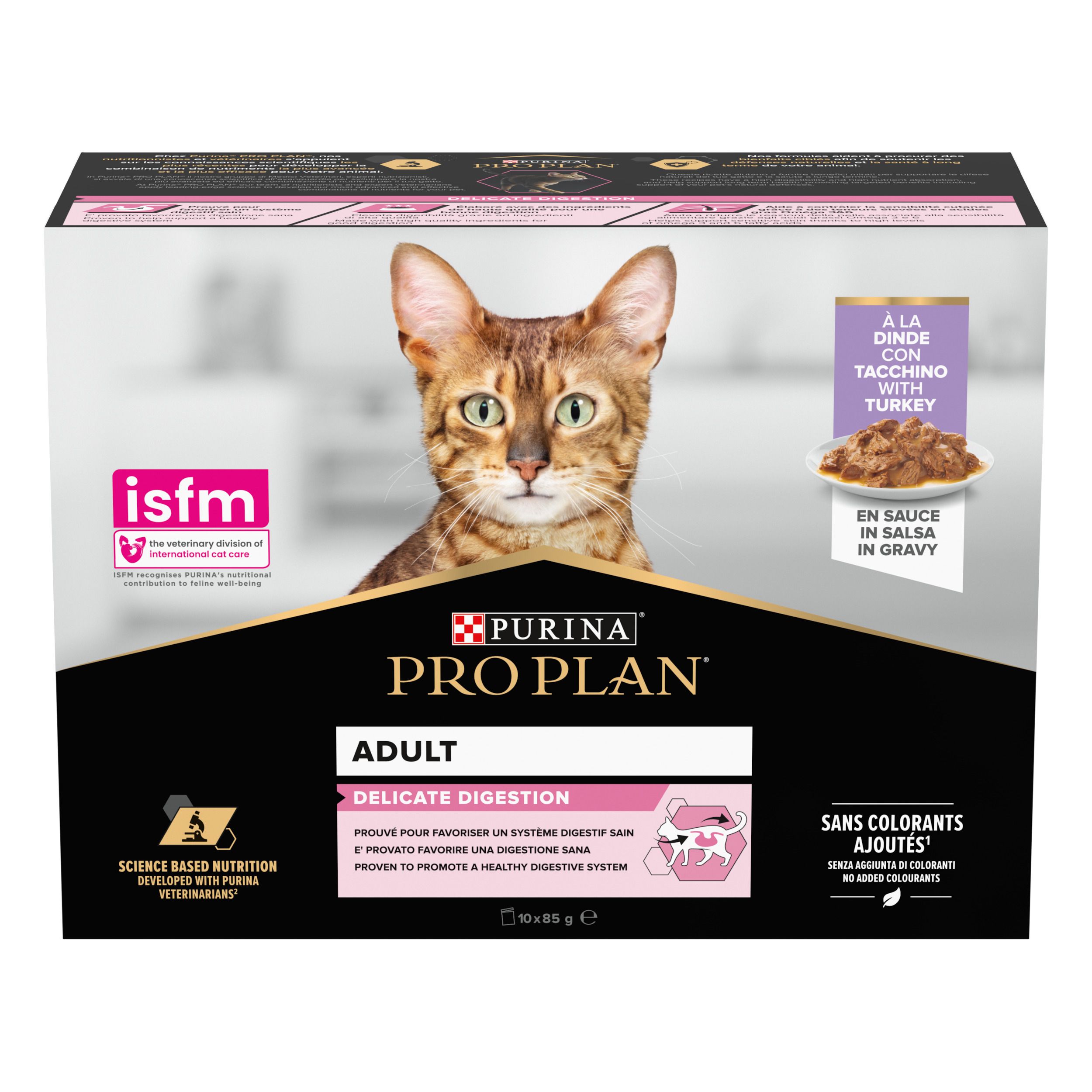 Kartonnen verpakking met productafbeelding en logo. Bevat zakjes kattenvoer. Opschrift: Purina Pro Plan Adult Delicate Digestion.