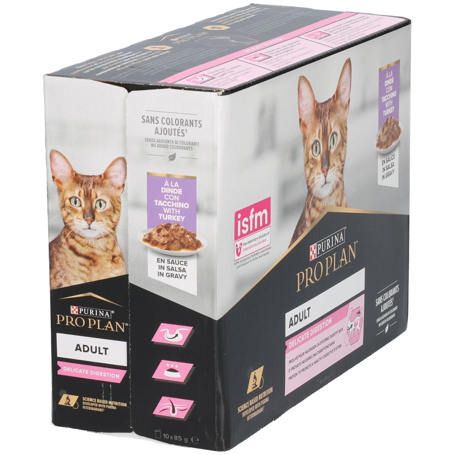 Kartonnen verpakking met productafbeelding en logo. Bevat zakjes kattenvoer. Opschrift: Purina Pro Plan Adult Delicate Digestion.