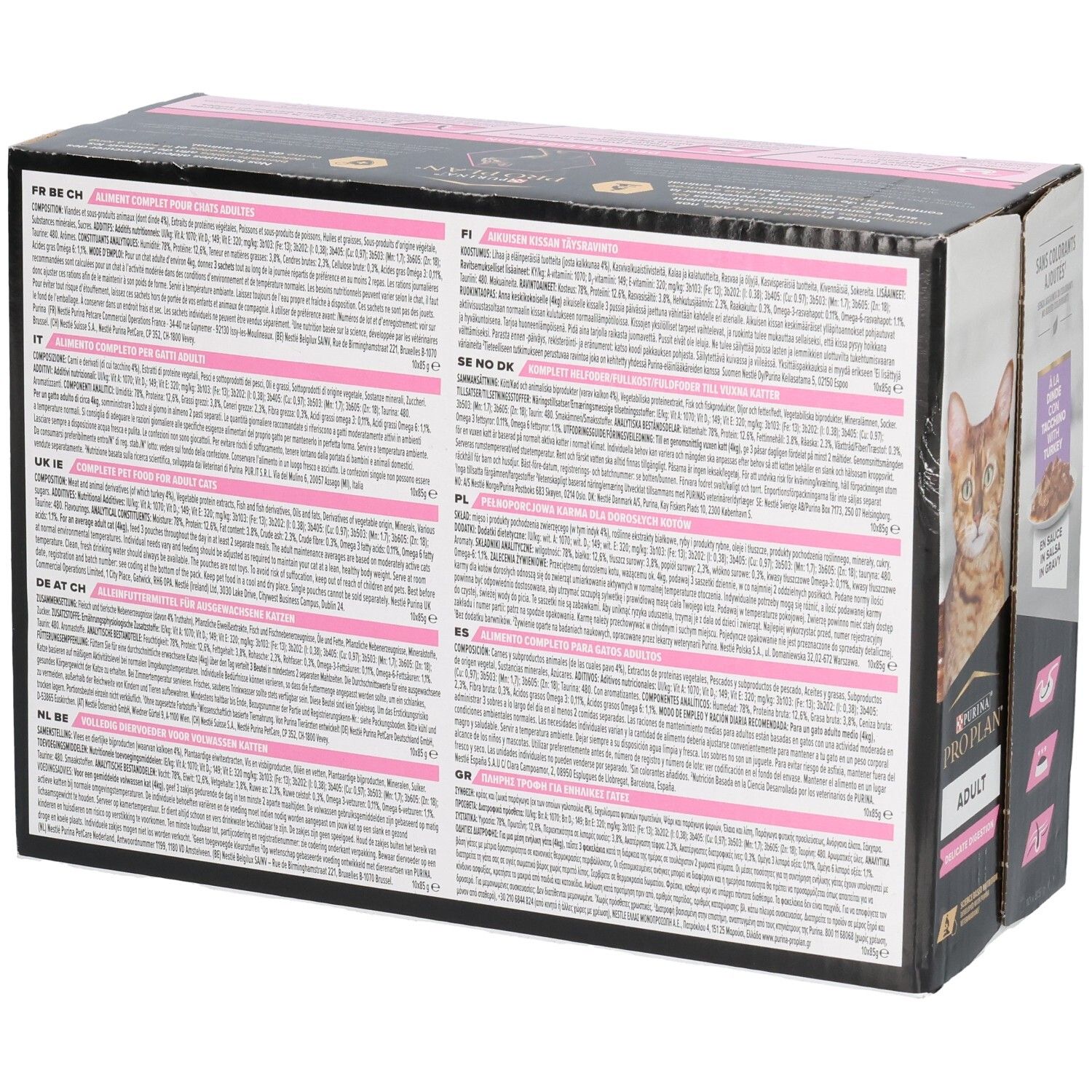 Achterkant van de kartonnen verpakking met productinformatie en tekst in verschillende talen. Bevat informatie over ingrediënten en voedingsaanbevelingen.