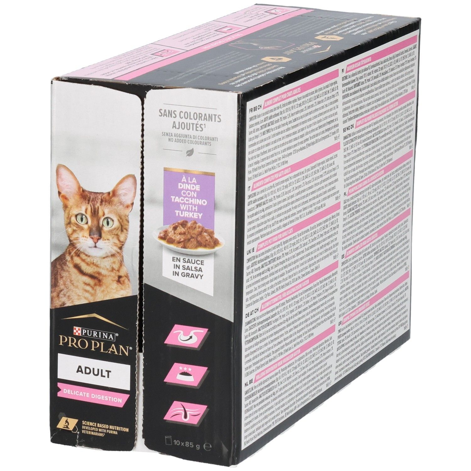 Kartonnen verpakking met productafbeelding en logo. Bevat zakjes kattenvoer. Opschrift: Purina Pro Plan Adult Delicate Digestion.
