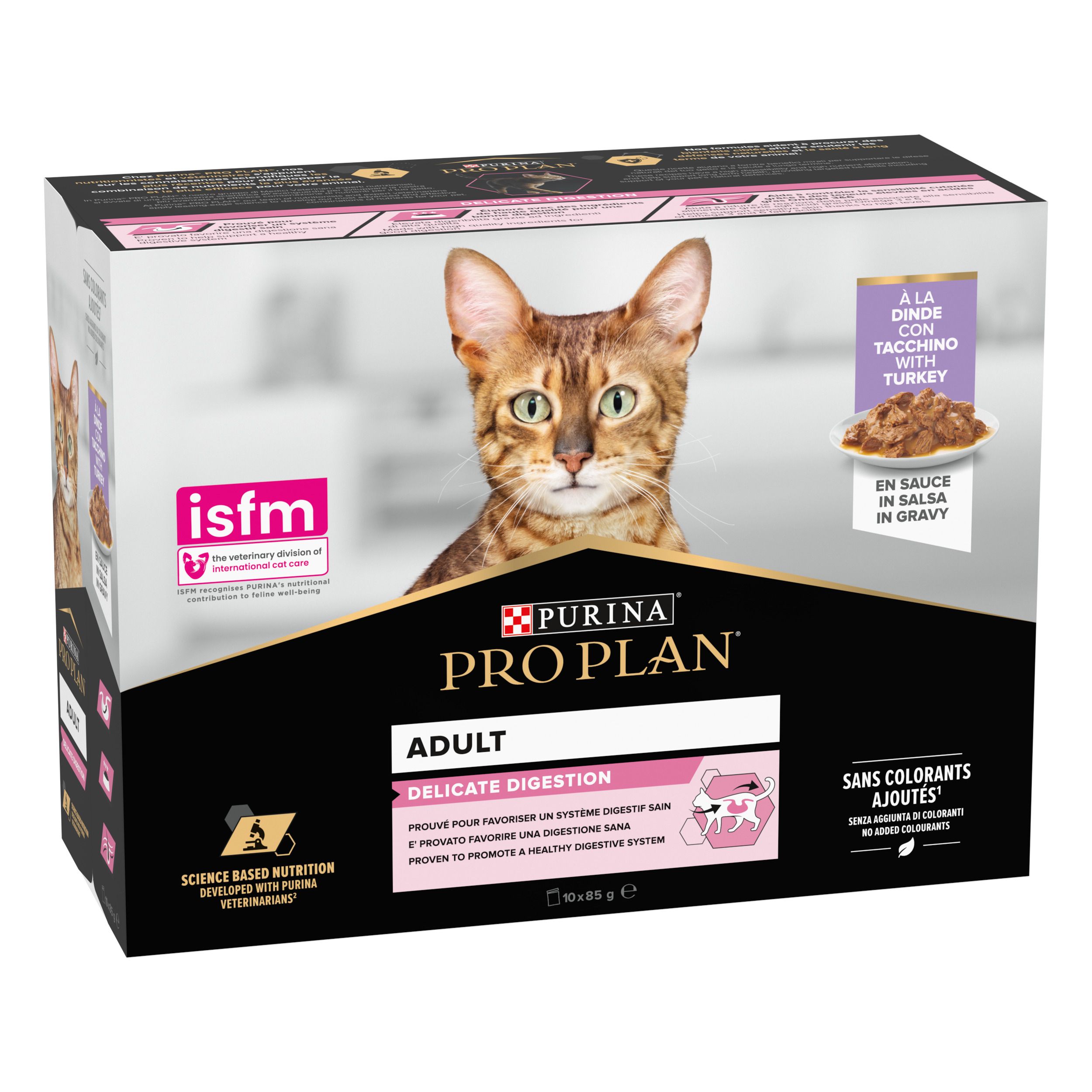 Boîte en carton avec image de produit et logo. Contient des sachets d'aliments pour chats. Inscription : Purina Pro Plan Adult Delicate Digestion.