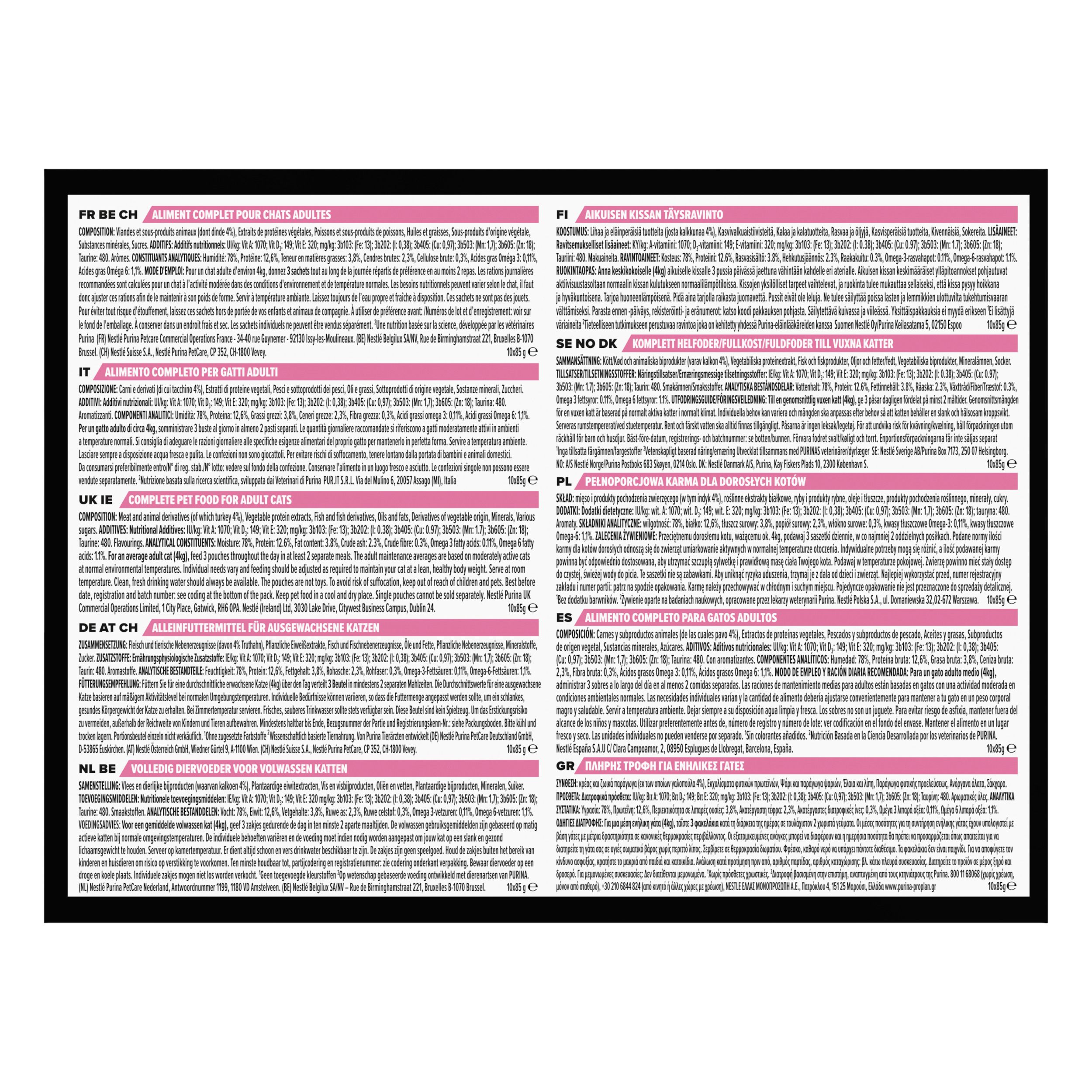 Kartonnen verpakking met productafbeelding en logo. Bevat zakjes kattenvoer. Opschrift: Purina Pro Plan Adult Delicate Digestion.