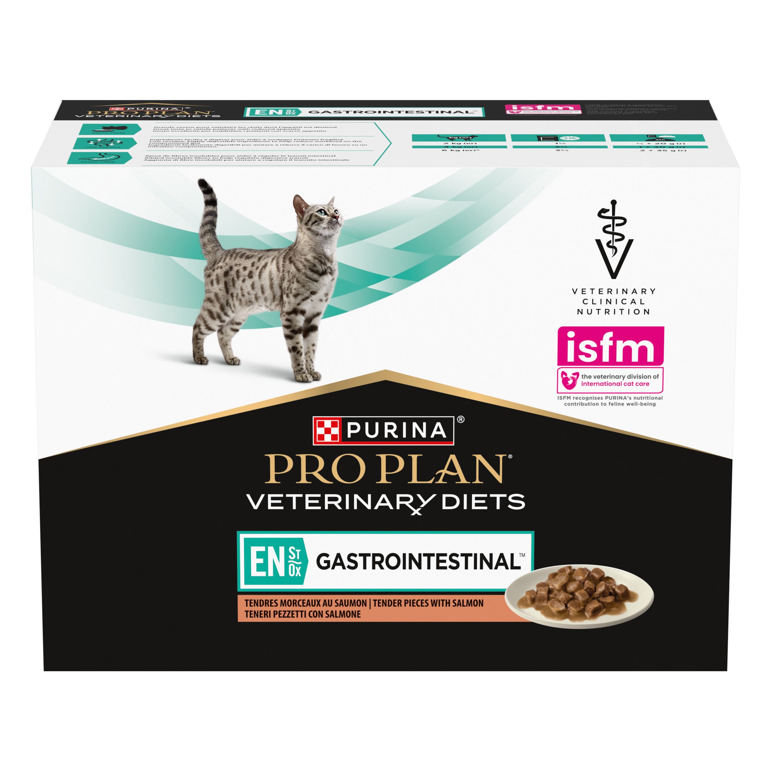 Achterkant verpakking kattenvoer. Franse tekst. Merk: Purina Pro Plan Veterinary Diets.
