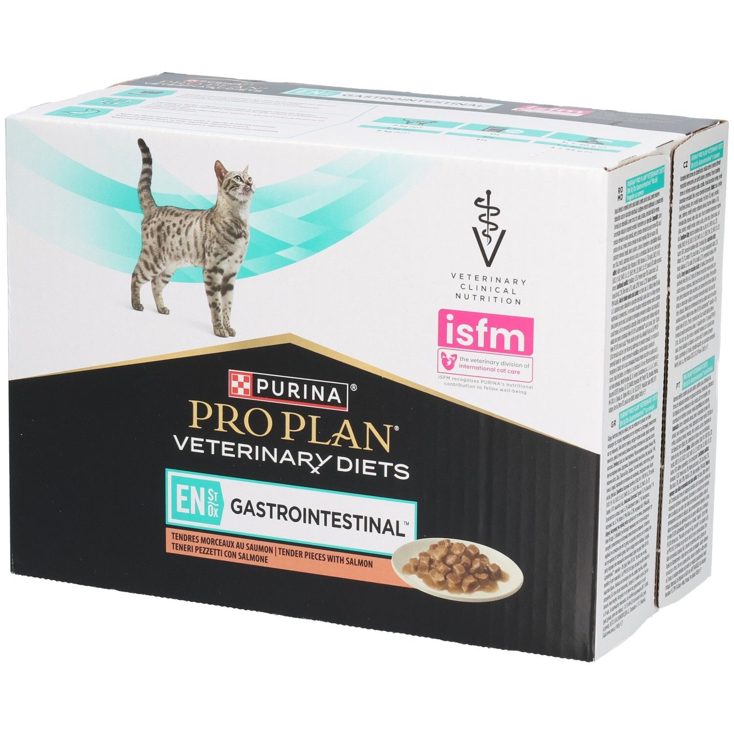Doos kattenvoer. Merk: Purina Pro Plan Veterinary Diets. Opschrift: EN Gastrointestinal. Kat en brokjes zichtbaar.