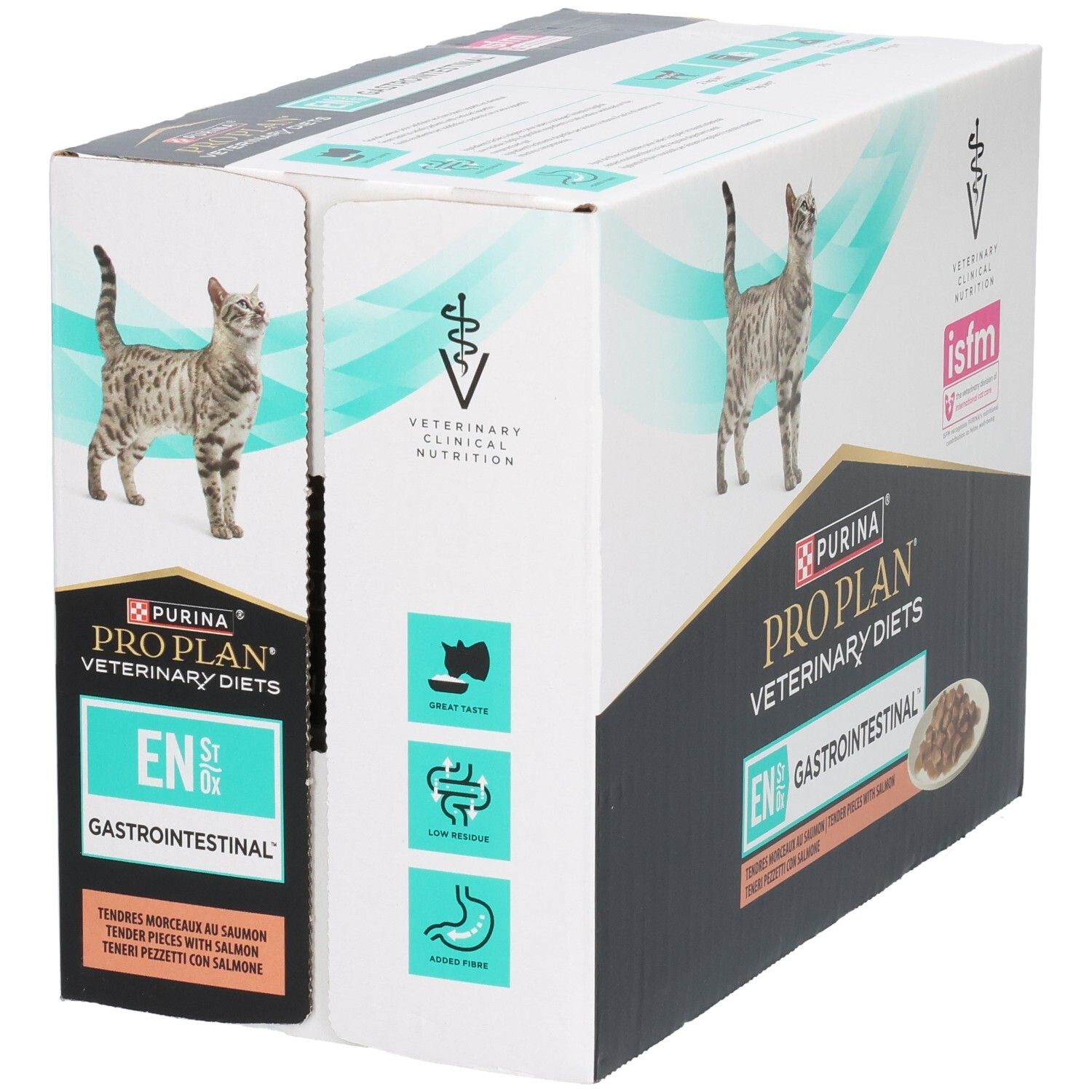 Doos kattenvoer. Purina Pro Plan Veterinary Diets. Opschrift: EN Gastrointestinal. Illustraties spijsvertering.