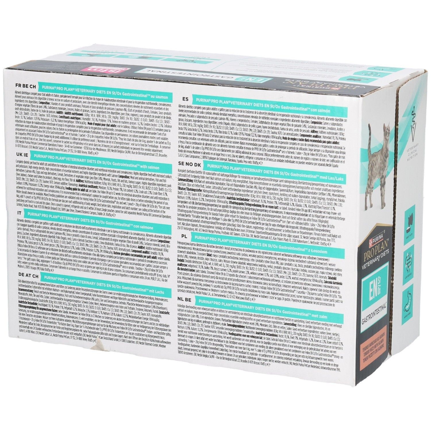 Achterkant verpakking kattenvoer. Tekst in verschillende talen. Merk: Purina Pro Plan Veterinary Diets.