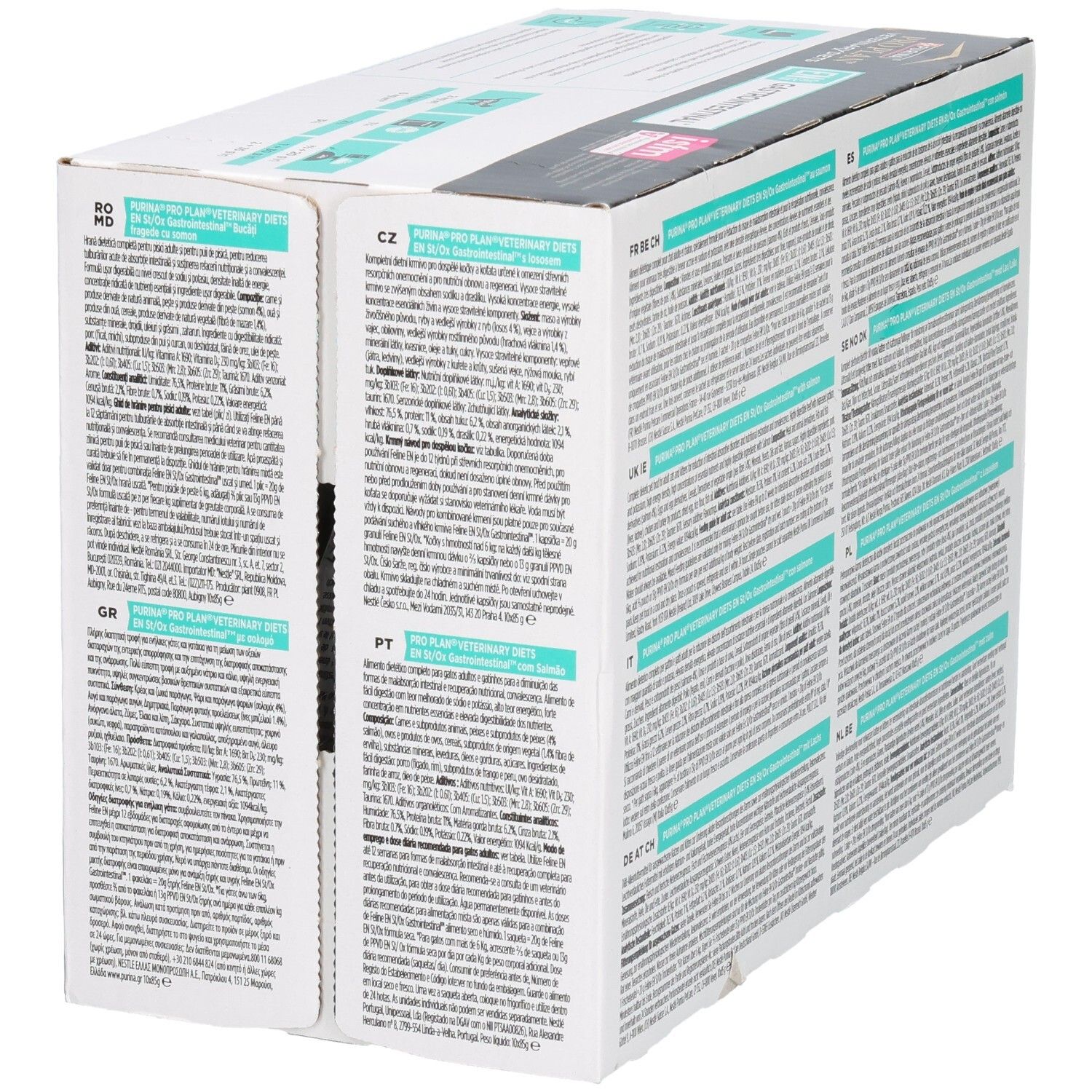 Achterkant verpakking kattenvoer. Tekst in verschillende talen. Merk: Purina Pro Plan Veterinary Diets.