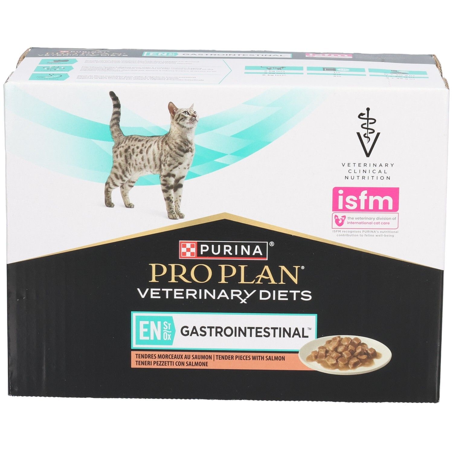 Doos kattenvoer. Purina Pro Plan Veterinary Diets. Opschrift: EN Gastrointestinal. Kat en brokjes zichtbaar.