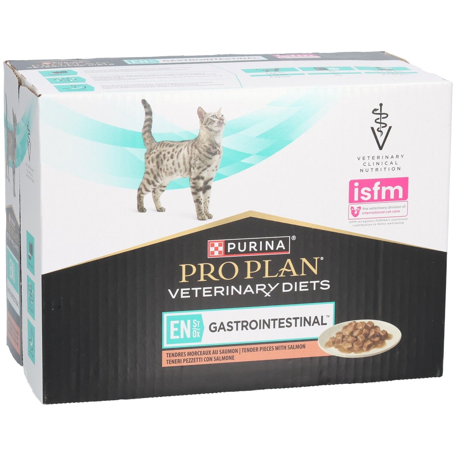 Doos kattenvoer. Purina Pro Plan Veterinary Diets. Opschrift: EN Gastrointestinal. Kat en brokjes zichtbaar.