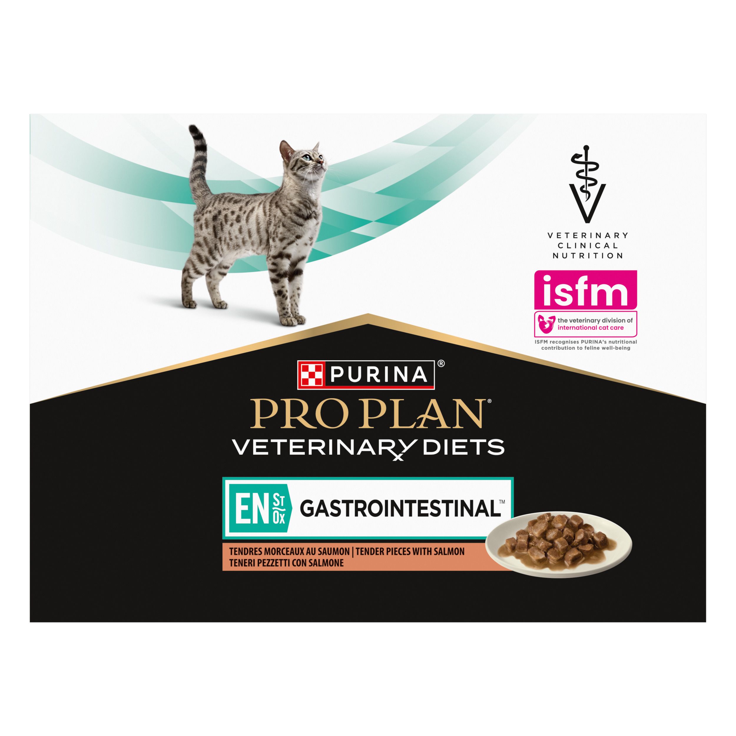Achterkant verpakking kattenvoer. Franse tekst. Merk: Purina Pro Plan Veterinary Diets.