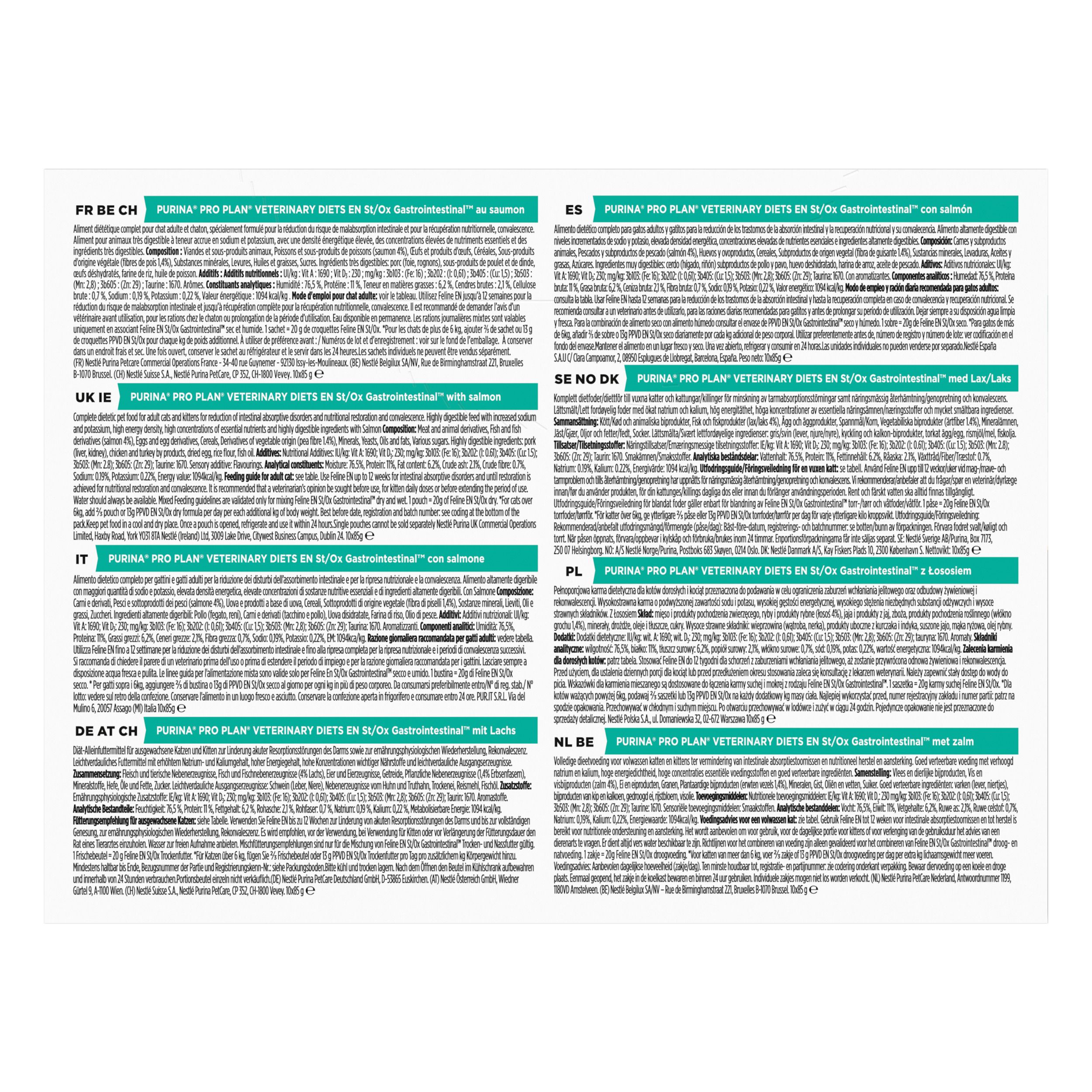 Achterkant verpakking kattenvoer. Franse tekst. Merk: Purina Pro Plan Veterinary Diets.