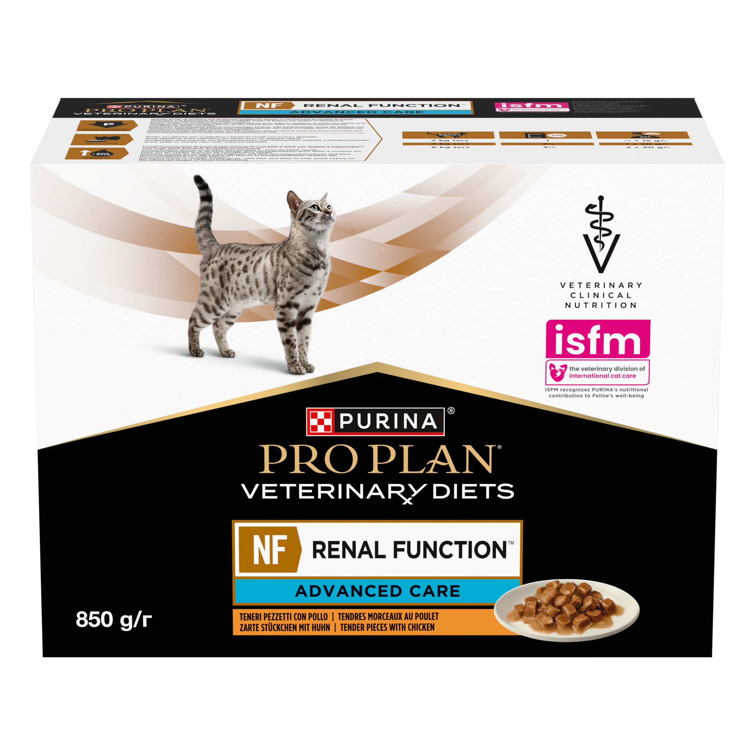 Verpakking met kat en voer. Merk: Purina Pro Plan Veterinary Diets. Tekst: NF Renal Function Advanced Care.