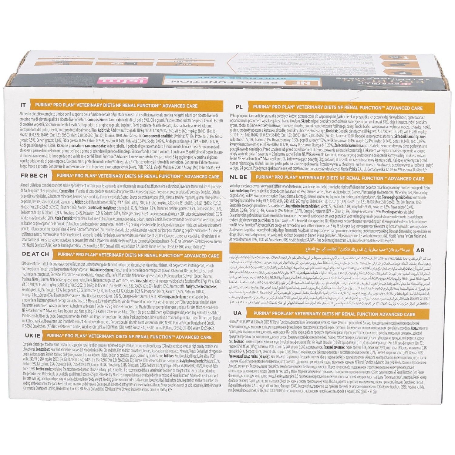 Achterkant verpakking. Tekst in meerdere talen: Duits, Frans, Italiaans, Nederlands. Ingrediënten en info.