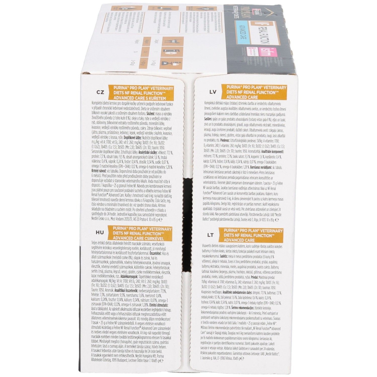 Zijaanzicht van de verpakking. Tekst in meerdere talen.