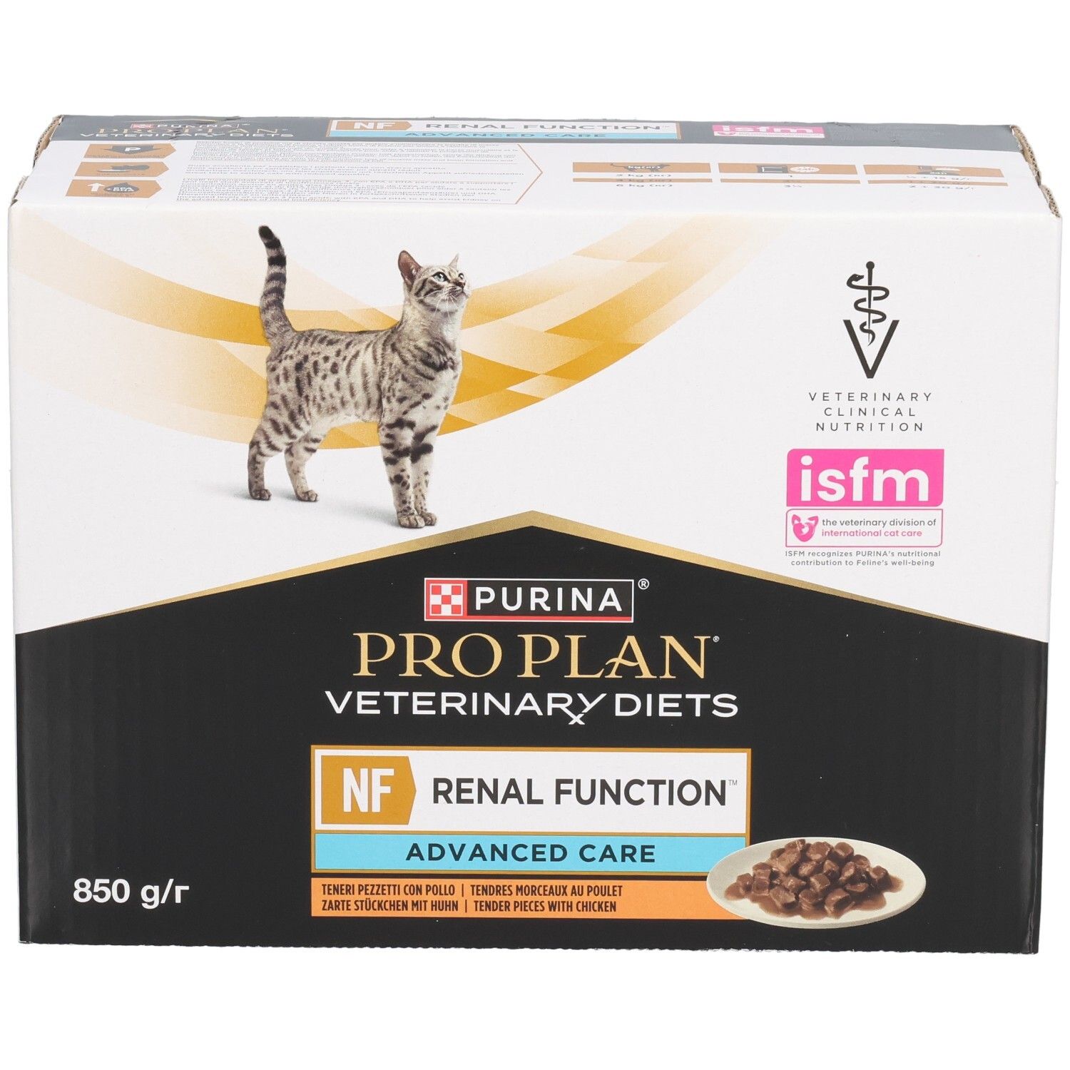 Verpakking met kat en voer. Merk: Purina Pro Plan Veterinary Diets. Tekst: NF Renal Function Advanced Care.