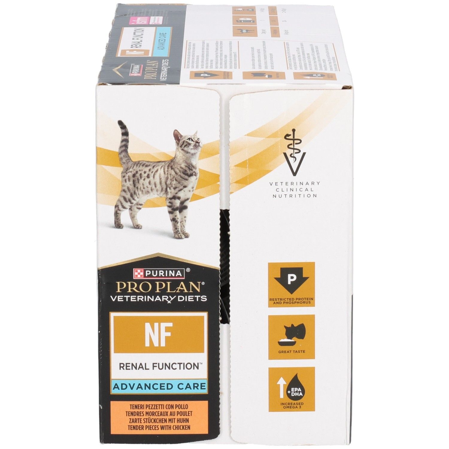 Zijaanzicht van de verpakking. Merk: Purina Pro Plan Veterinary Diets. Tekst: NF Renal Function Advanced Care.