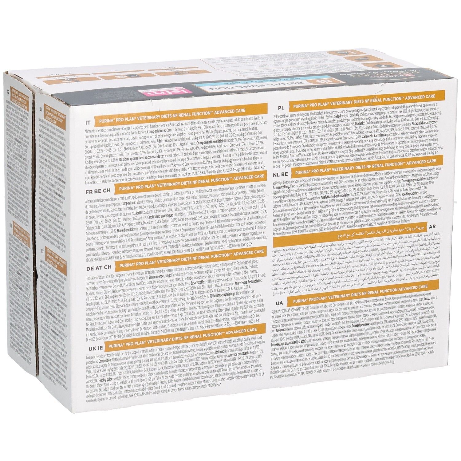 Achterkant verpakking. Tekst in meerdere talen: Duits, Frans, Italiaans, Nederlands. Ingrediënten en info.