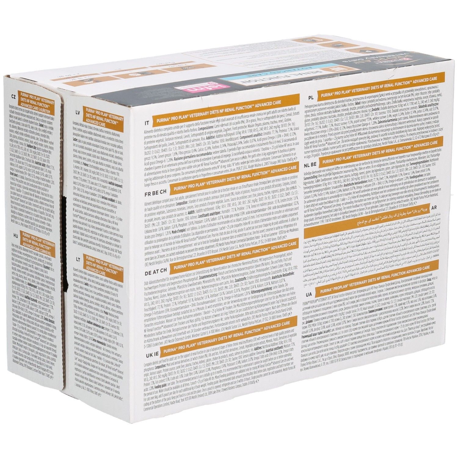 Zijaanzicht van de verpakking. Tekst in meerdere talen: Duits, Frans, Italiaans, Nederlands. Ingrediënten en info.