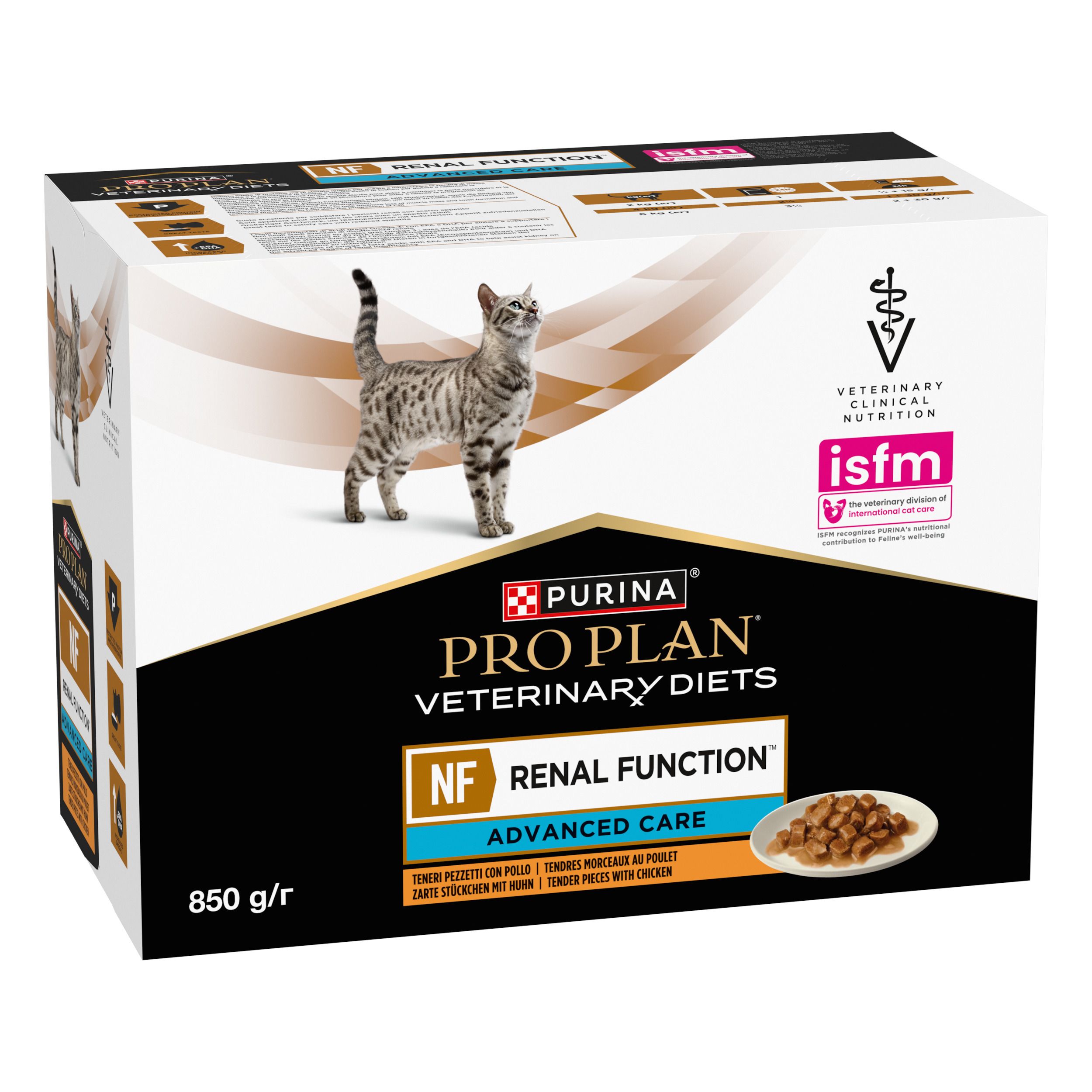 Paquet avec chat et nourriture. Marque : Purina Pro Plan Veterinary Diets. Texte : NF Renal Function Advanced Care.