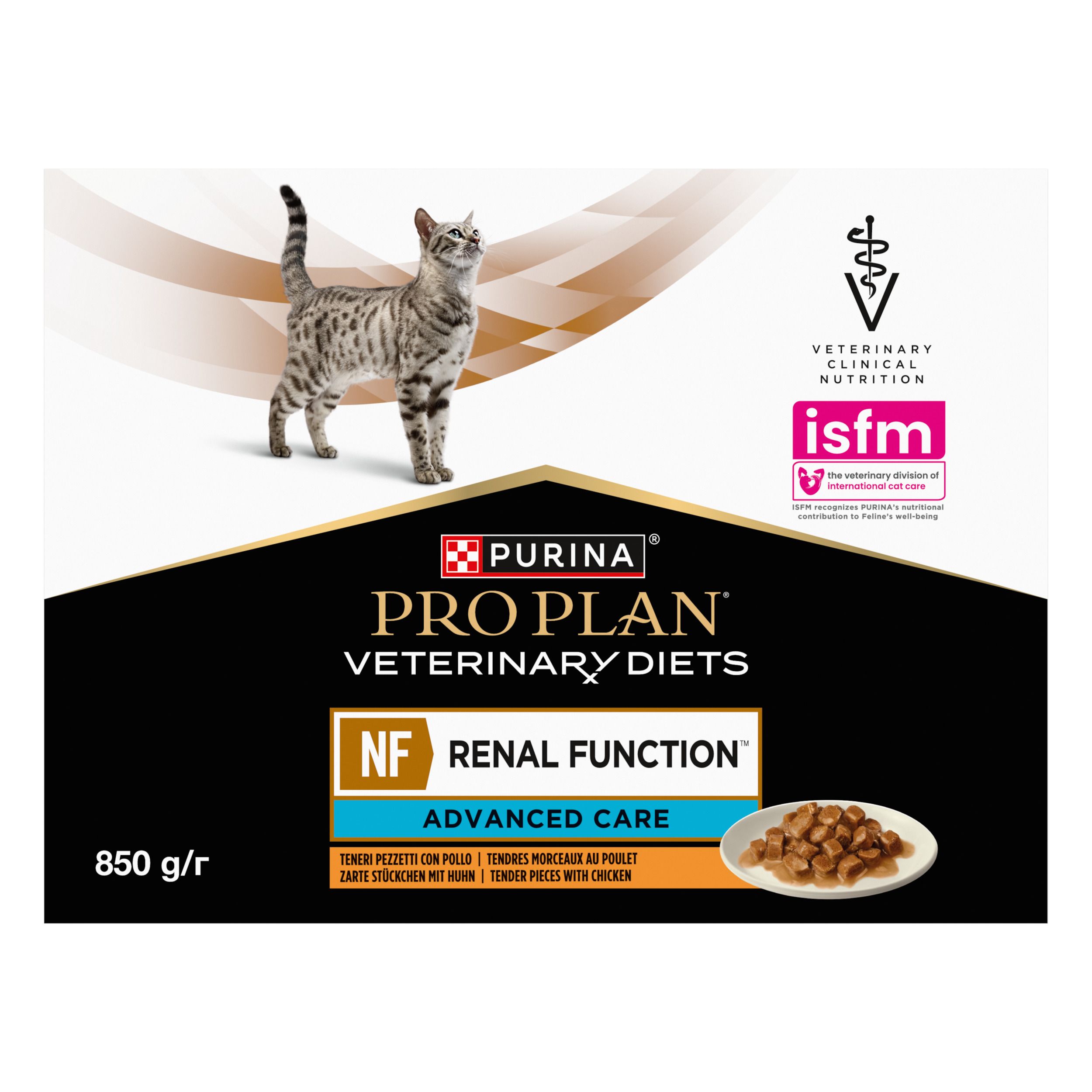 Verpakking met kat en voer. Merk: Purina Pro Plan Veterinary Diets. Tekst: NF Renal Function Advanced Care.