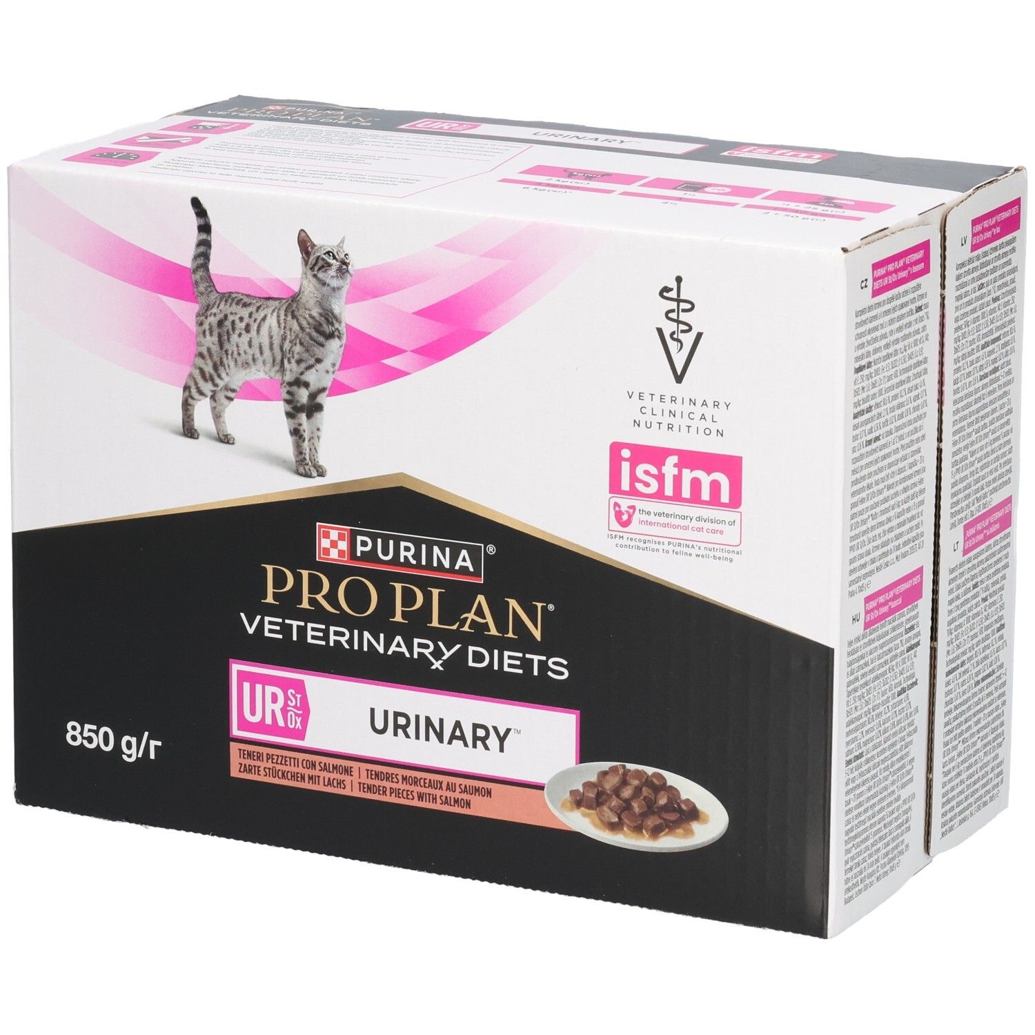 Doos PRO PLAN Veterinary Diets UR Urinary. Afbeelding van kat. 850 g/r. Met Tender Pizetti met zalm.
