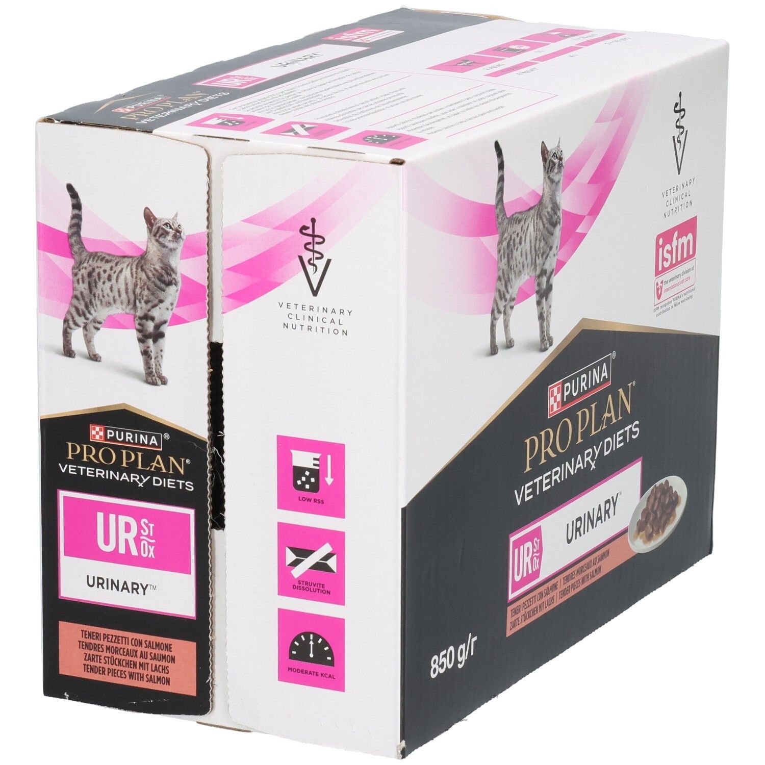 Doos PRO PLAN Veterinary Diets UR Urinary. Afbeelding van kat. 850 g/r. Met Tender Pizetti met zalm.