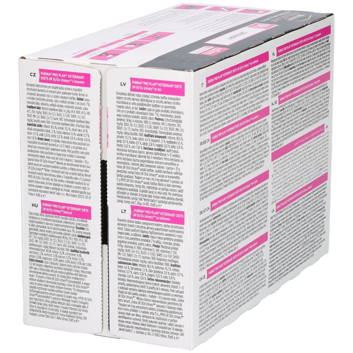 Achterkant van de verpakking PRO PLAN Veterinary Diets UR Urinary. Meertalige tekst. Roze accenten.