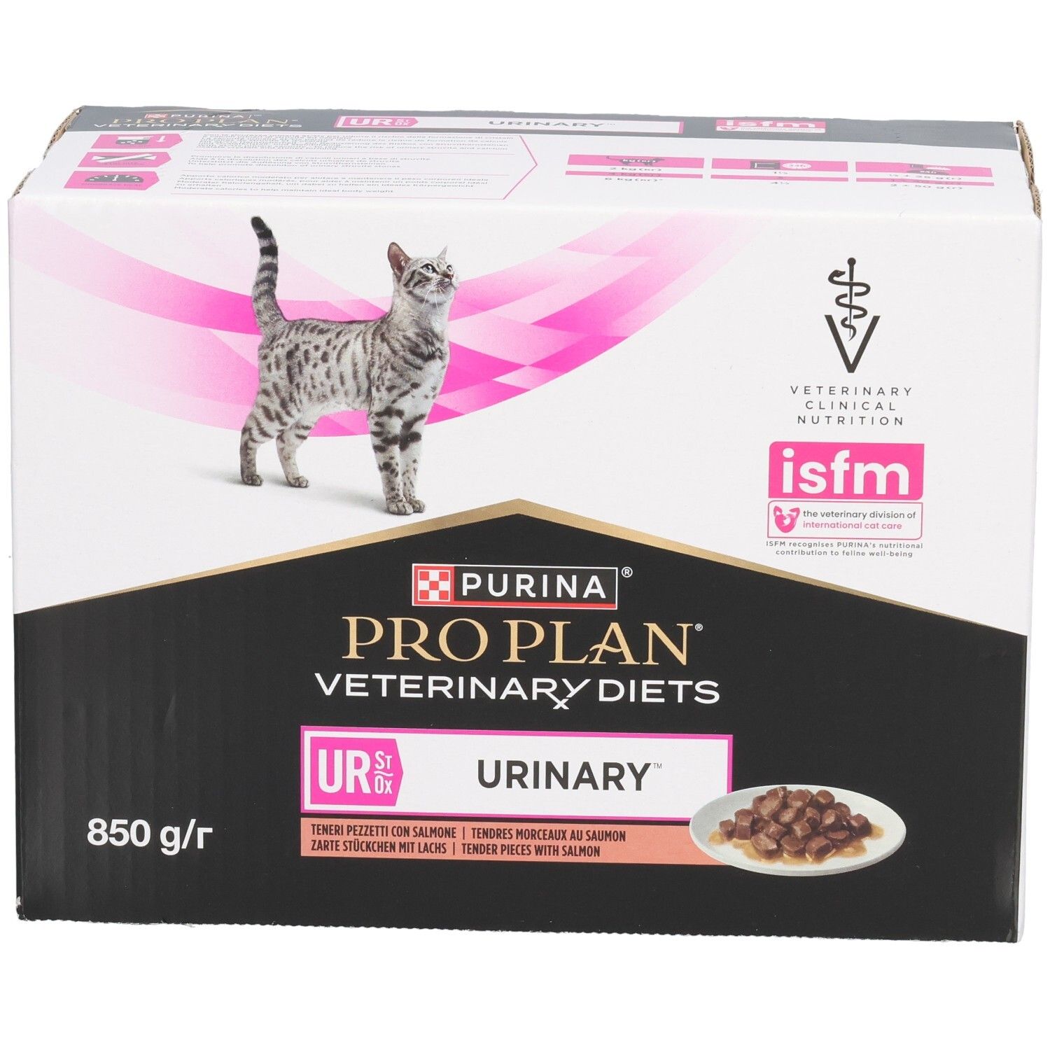 Doos PRO PLAN Veterinary Diets UR Urinary. Afbeelding van kat. 850 g/r. Met Tender Pizetti met zalm.