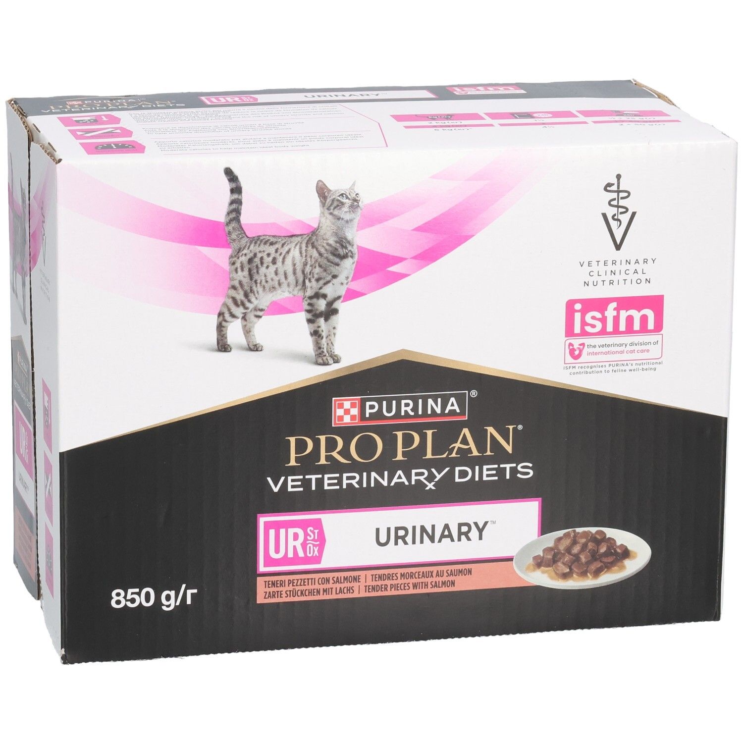 Doos PRO PLAN Veterinary Diets UR Urinary. Afbeelding van kat. 850 g/r. Met Tender Pizetti met zalm.