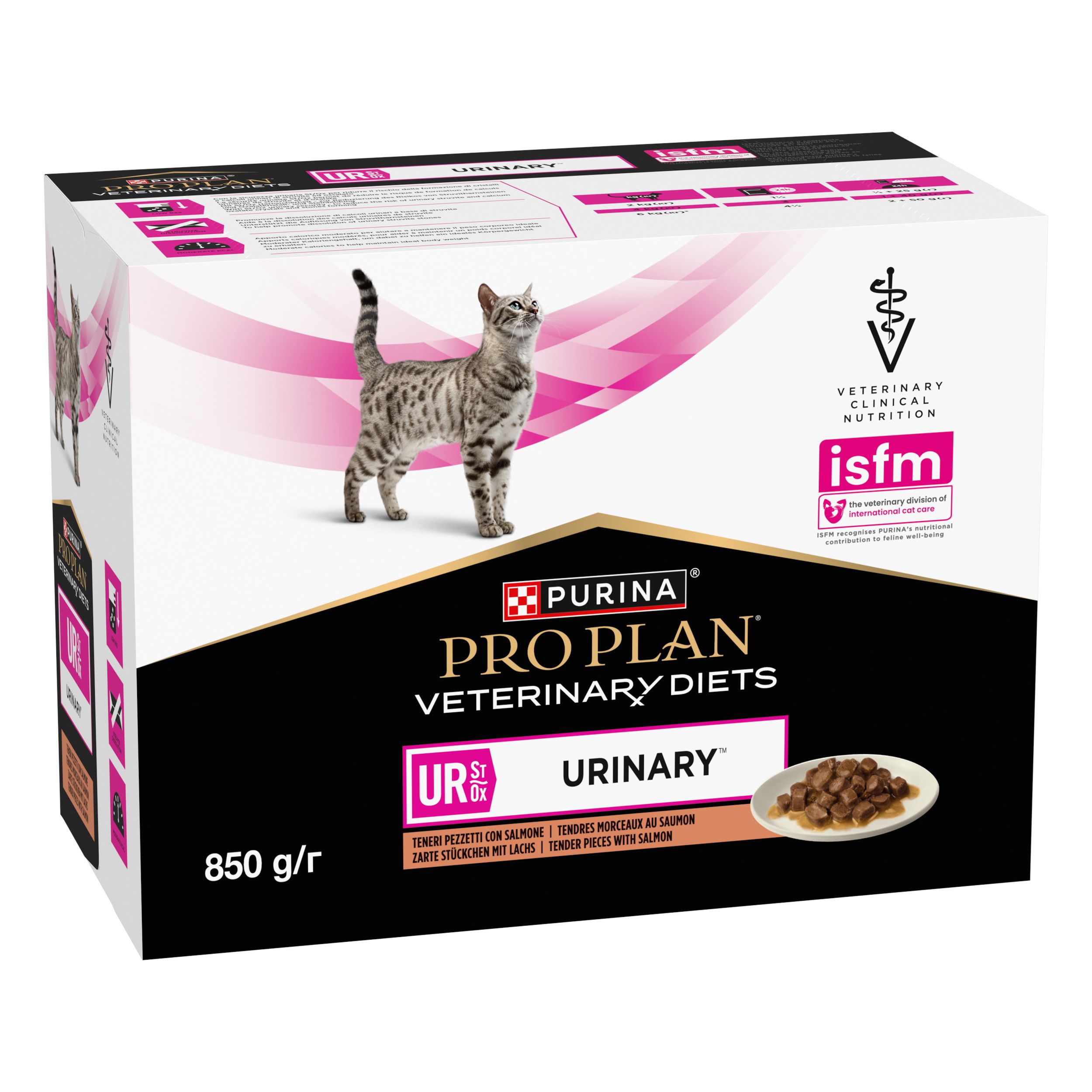 PRO PLAN Veterinary Diets UR Urinary. Emballage. Avec Tender Pizetti au saumon. Accents roses.