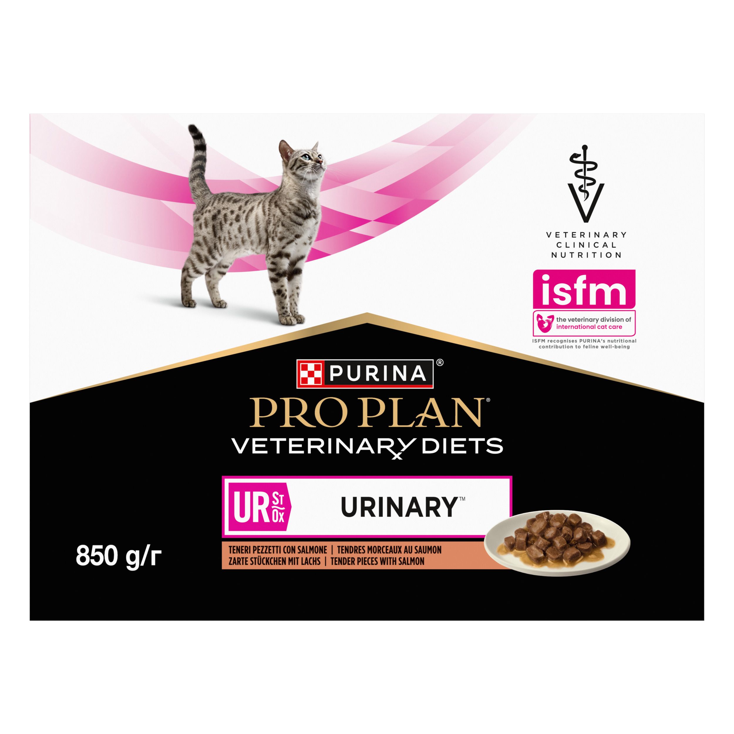 Dos de l'emballage PRO PLAN Veterinary Diets UR Urinary. Texte multilingue. Accents roses.