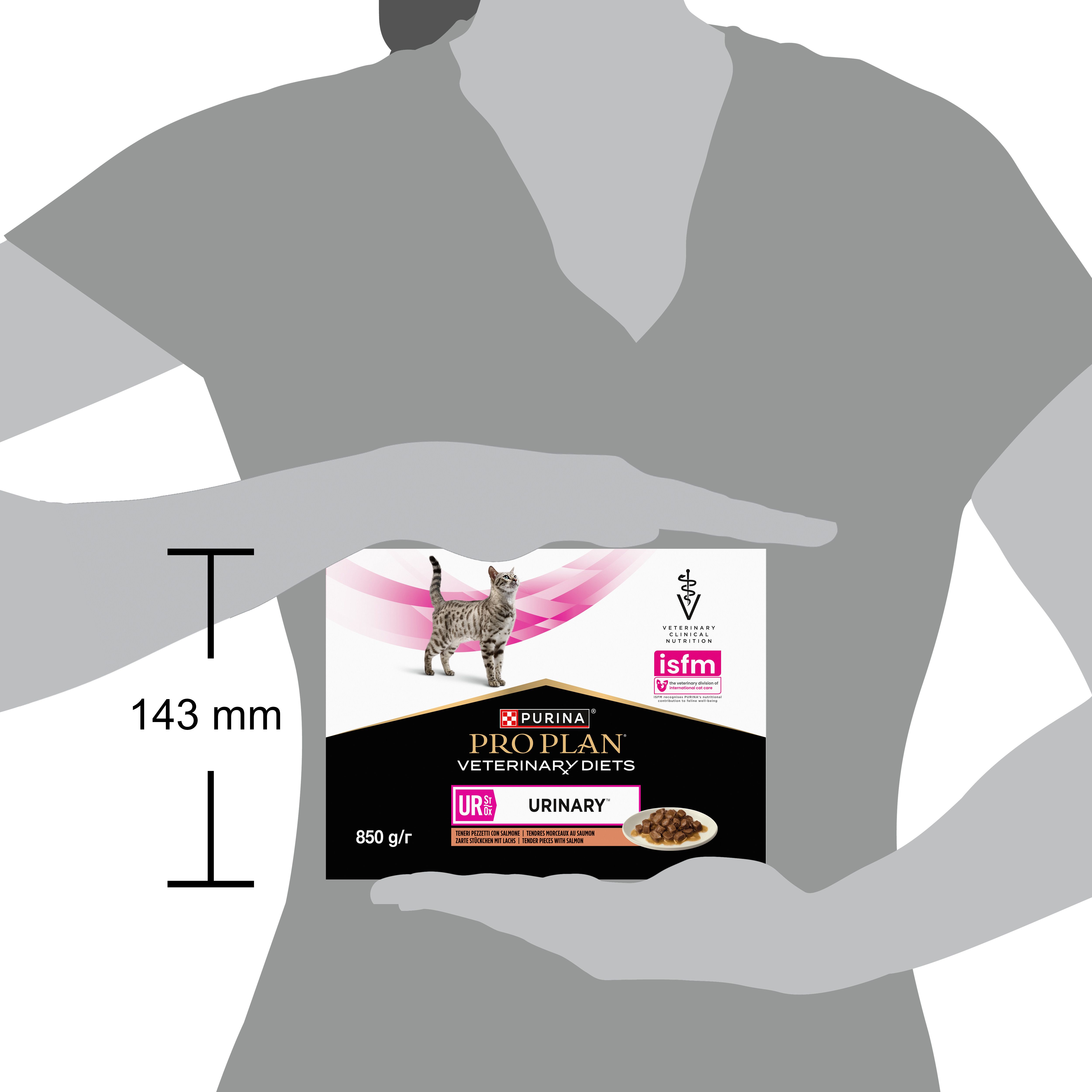 Boîte PRO PLAN Veterinary Diets UR Urinary. Image de chat. 850 g/r. Avec Tender Pizetti au saumon.