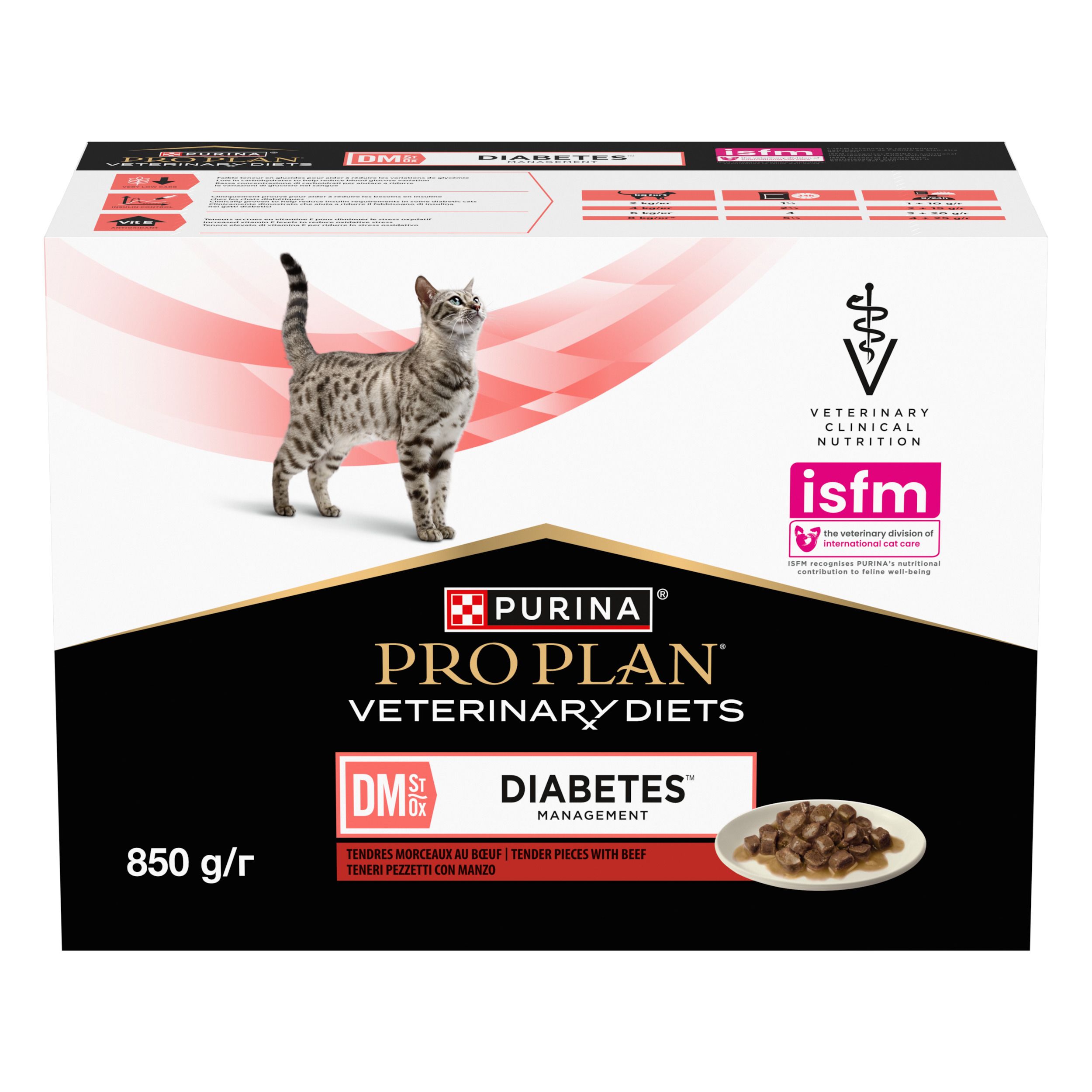 Boîte de nourriture pour chats. Marque : Purina Pro Plan Veterinary Diets. Inscription : DM Diabetes Management. Logo ISFM.