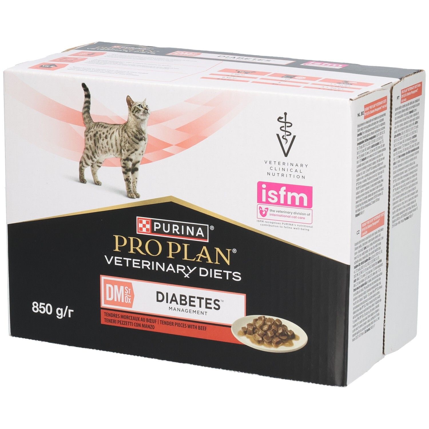 Doos kattenvoer. Merk: Purina Pro Plan Veterinary Diets. Opschrift: DM Diabetes Management. ISFM-logo.