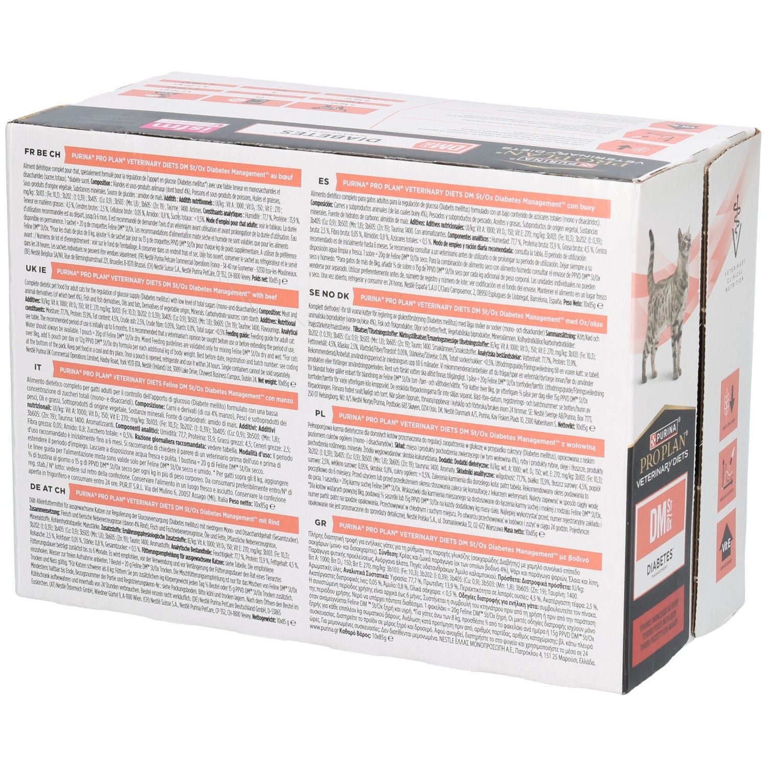 Achterkant verpakking kattenvoer. Meertalige tekst. Merk: Purina Pro Plan Veterinary Diets. Opschrift: DM Diabetes.