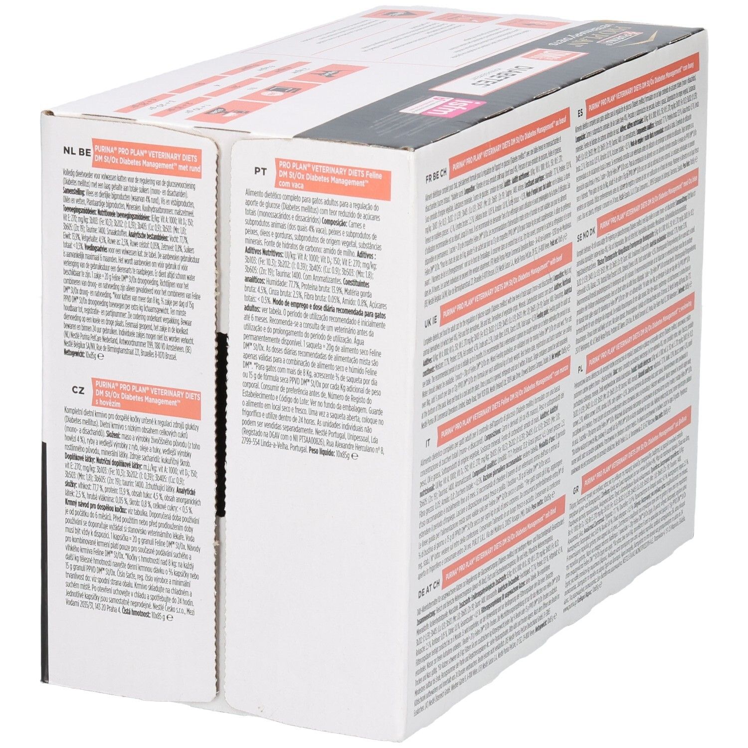 Achterkant verpakking kattenvoer. Meertalige tekst. Merk: Purina Pro Plan Veterinary Diets. Opschrift: DM Diabetes.