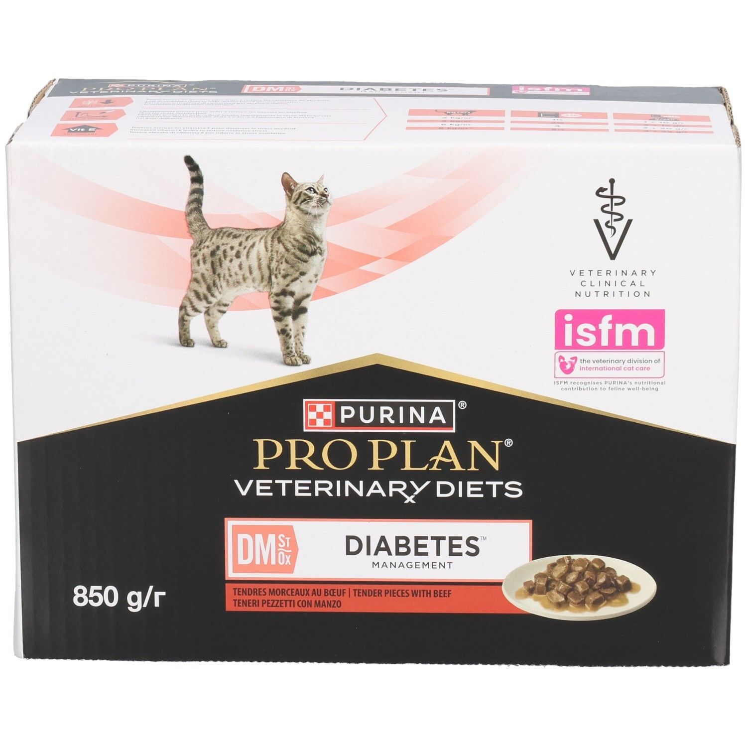 Doos kattenvoer. Merk: Purina Pro Plan Veterinary Diets. Opschrift: DM Diabetes Management. ISFM-logo.