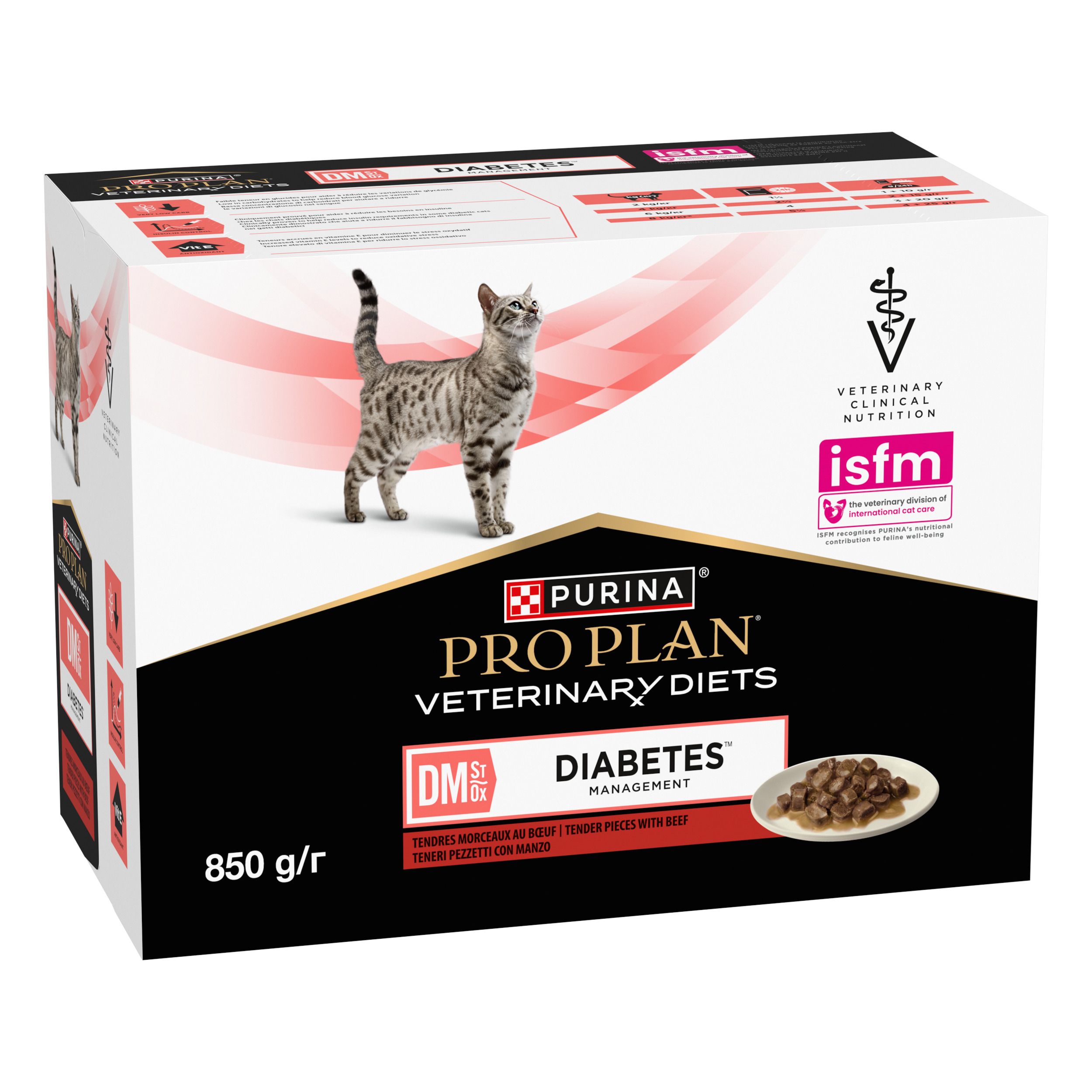 Doos kattenvoer. Merk: Purina Pro Plan Veterinary Diets. Opschrift: DM Diabetes Management. ISFM-logo.