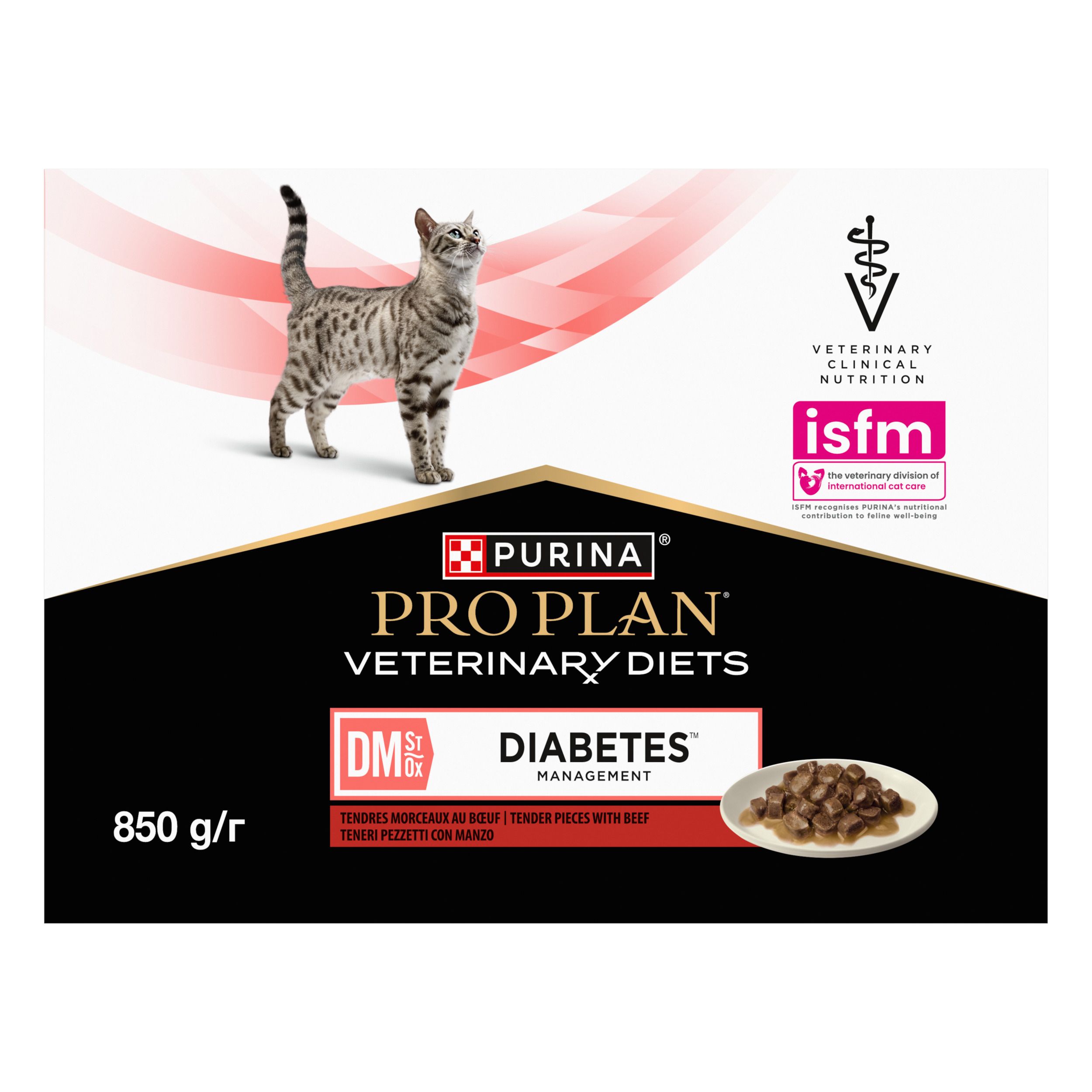 Boîte de nourriture pour chats. Marque : Purina Pro Plan Veterinary Diets. Inscription : DM Diabetes Management. Logo ISFM.