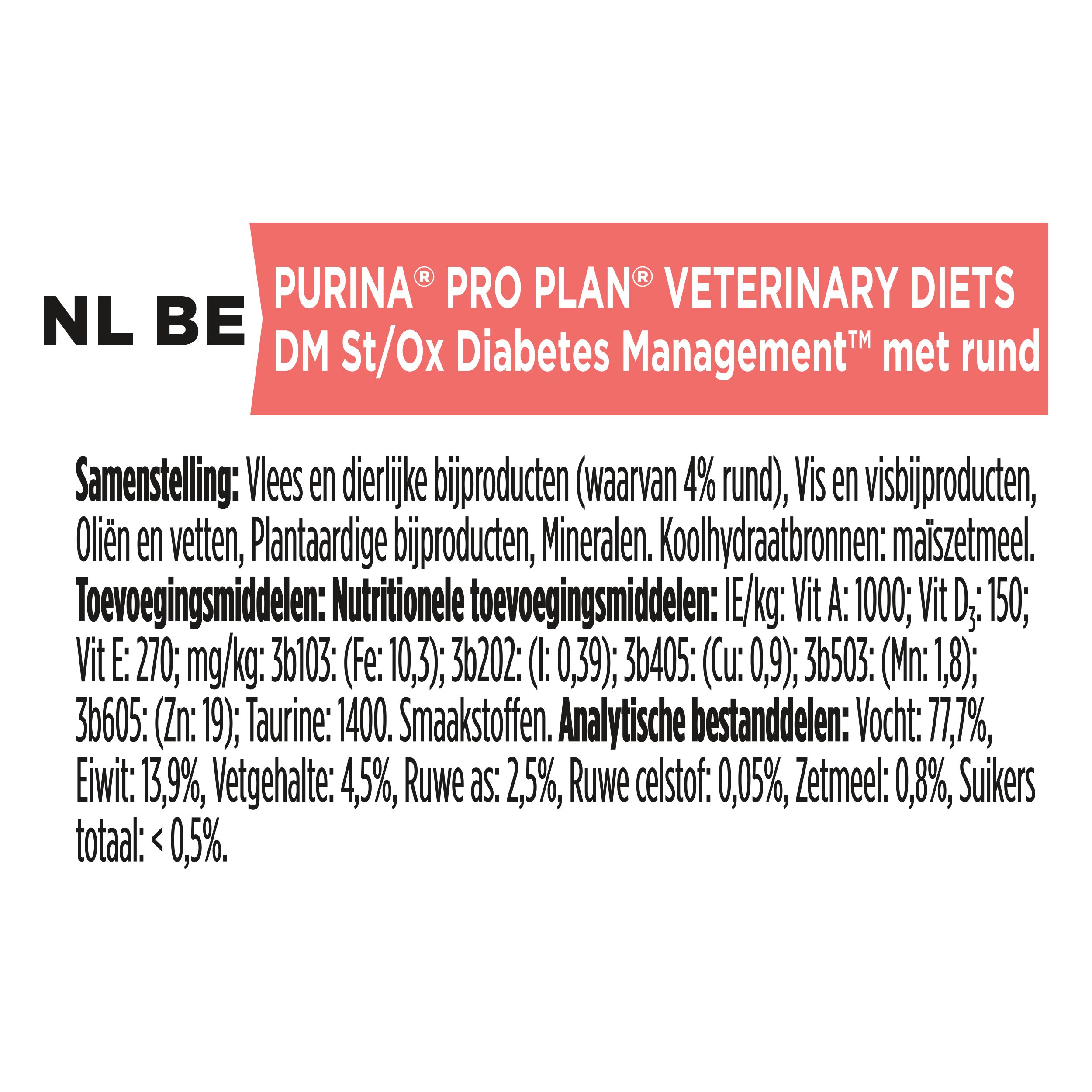 Samenstelling kattenvoer. Tekst in het Nederlands. Merk: Purina Pro Plan Veterinary Diets. Opschrift: DM Diabetes Management.