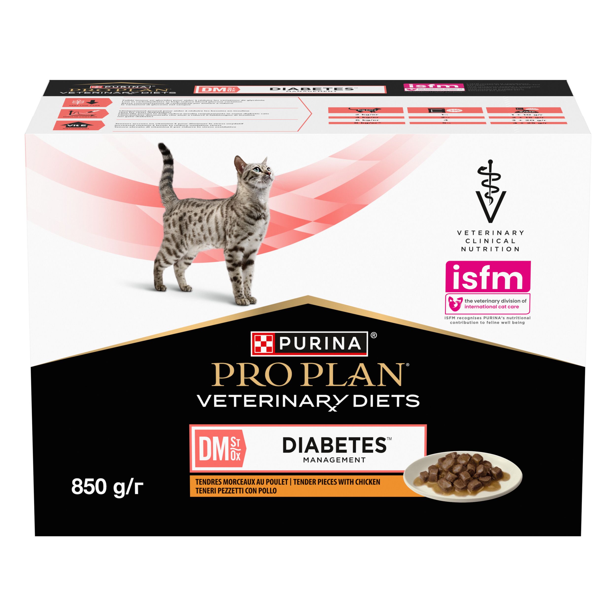 Doos PRO PLAN® VETERINARY DIETS Feline DM St/Ox Diabetes Management. Kat, productafbeelding, 850 g/r.