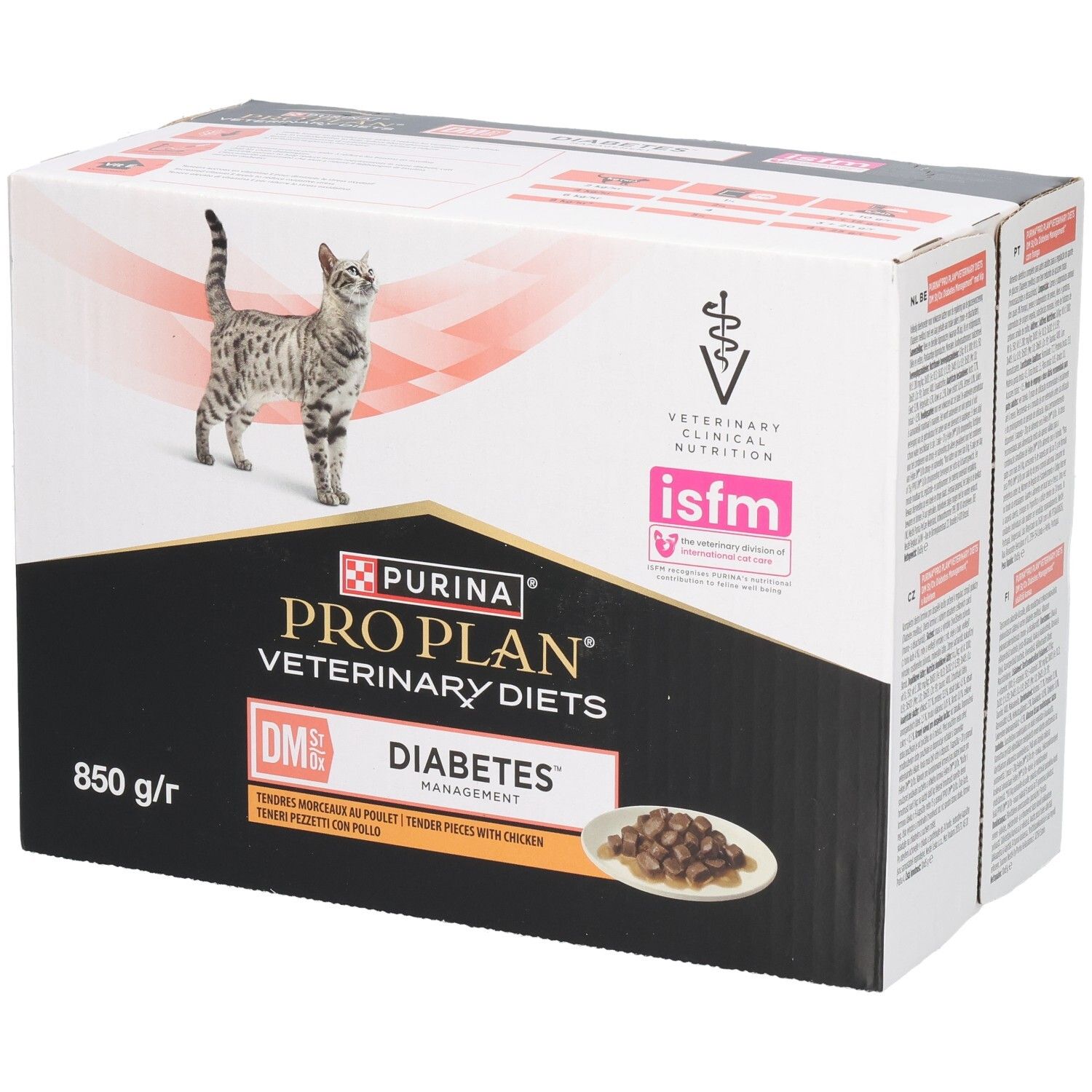 Doos PRO PLAN® VETERINARY DIETS Feline DM St/Ox Diabetes Management. Kat, productafbeelding, 850 g/r.