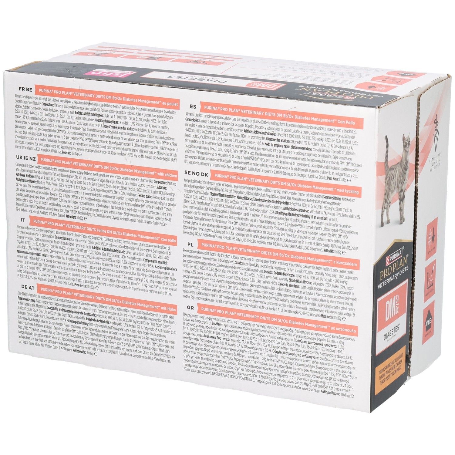 Achterkant verpakking PRO PLAN® VETERINARY DIETS Feline DM St/Ox Diabetes Management.