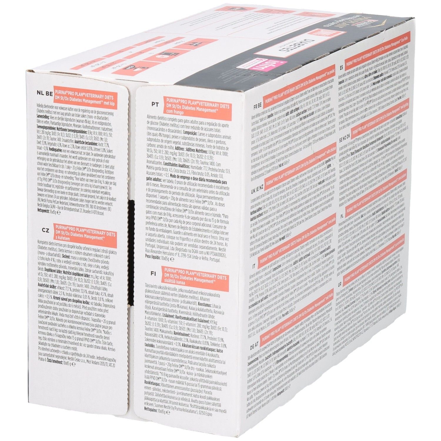 Achterkant verpakking PRO PLAN® VETERINARY DIETS Feline DM St/Ox Diabetes Management.