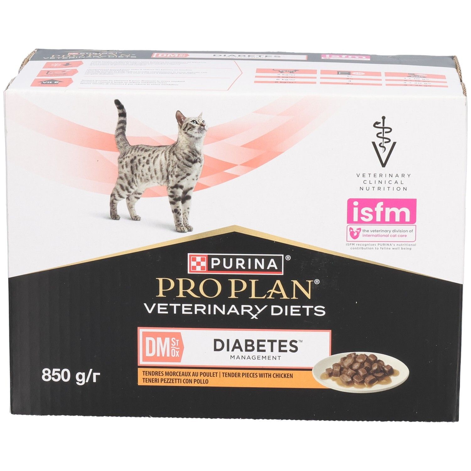 Doos PRO PLAN® VETERINARY DIETS Feline DM St/Ox Diabetes Management. Kat, productafbeelding, 850 g/r.