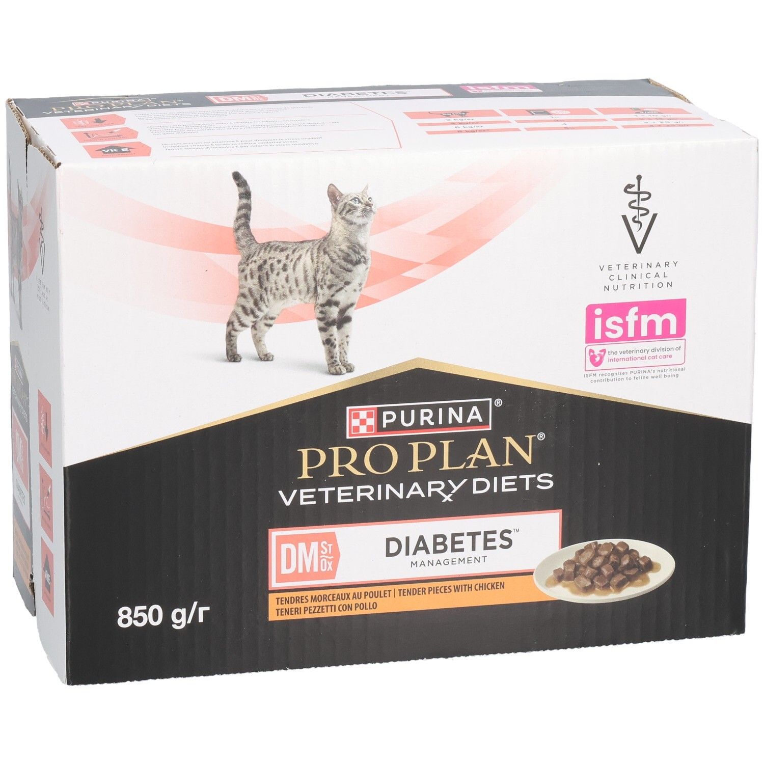 Doos PRO PLAN® VETERINARY DIETS Feline DM St/Ox Diabetes Management. Kat, productafbeelding, 850 g/r.