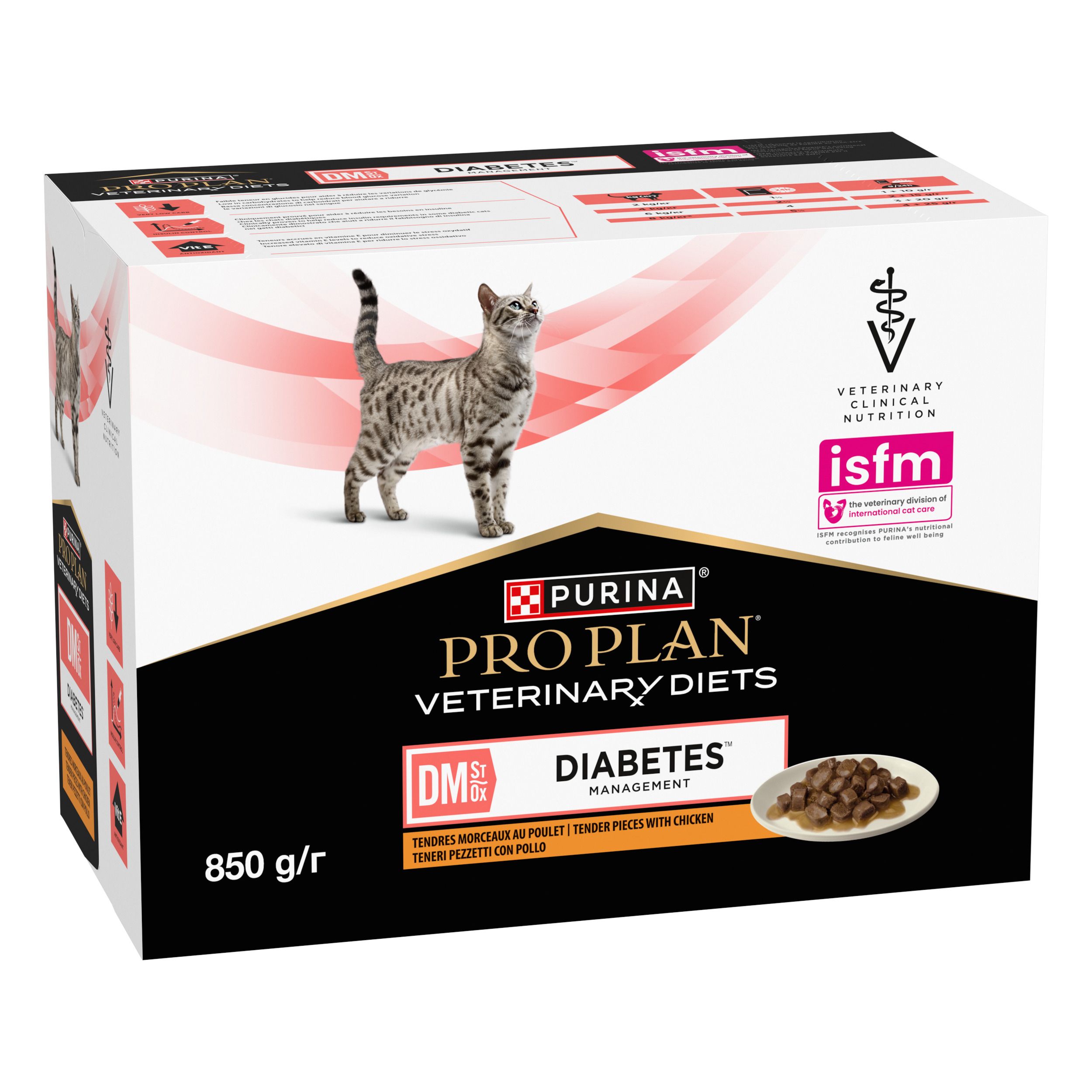 Doos PRO PLAN® VETERINARY DIETS Feline DM St/Ox Diabetes Management. Kat, productafbeelding, 850 g/r.