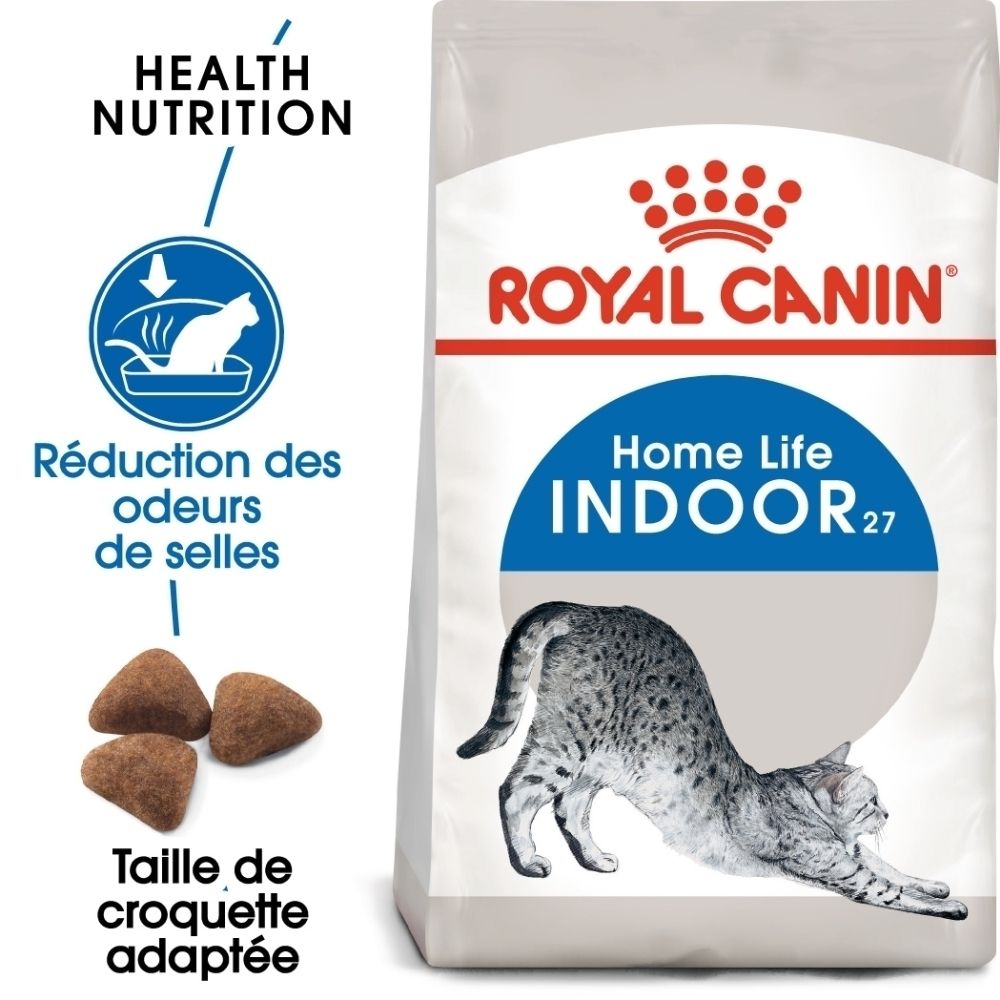 Sac de croquettes Royal Canin Indoor 27 pour chats, avec image de chat et croquettes. Réduit les odeurs.