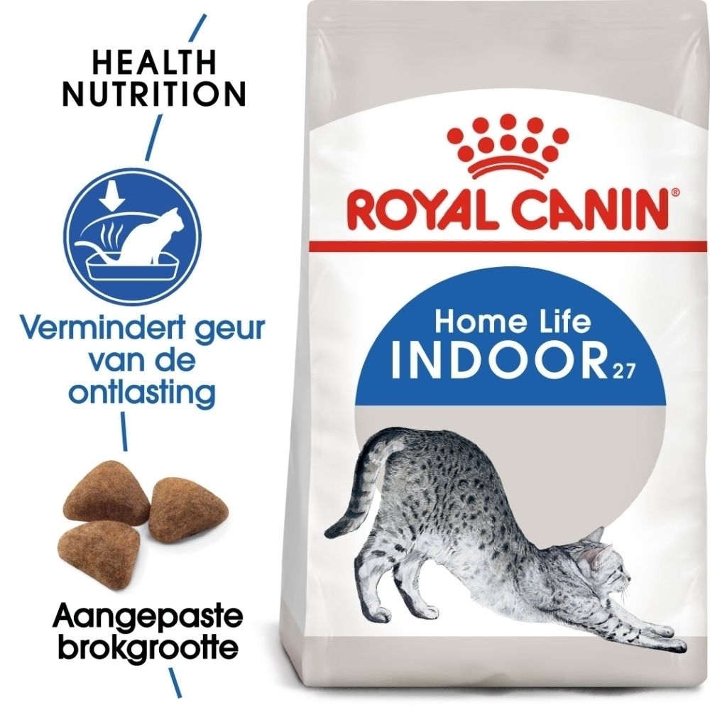 Royal Canin Home Life Indoor 27 kattenvoer. Verpakking met kattenillustratie en drie brokken.
