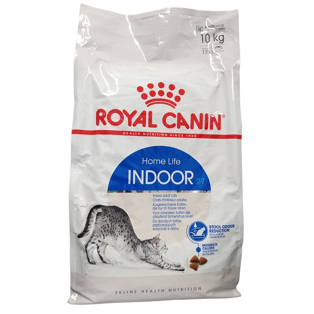 Zak Royal Canin Home Life Indoor kattenvoer, 10 kg. Met afbeelding van kat en productinformatie.